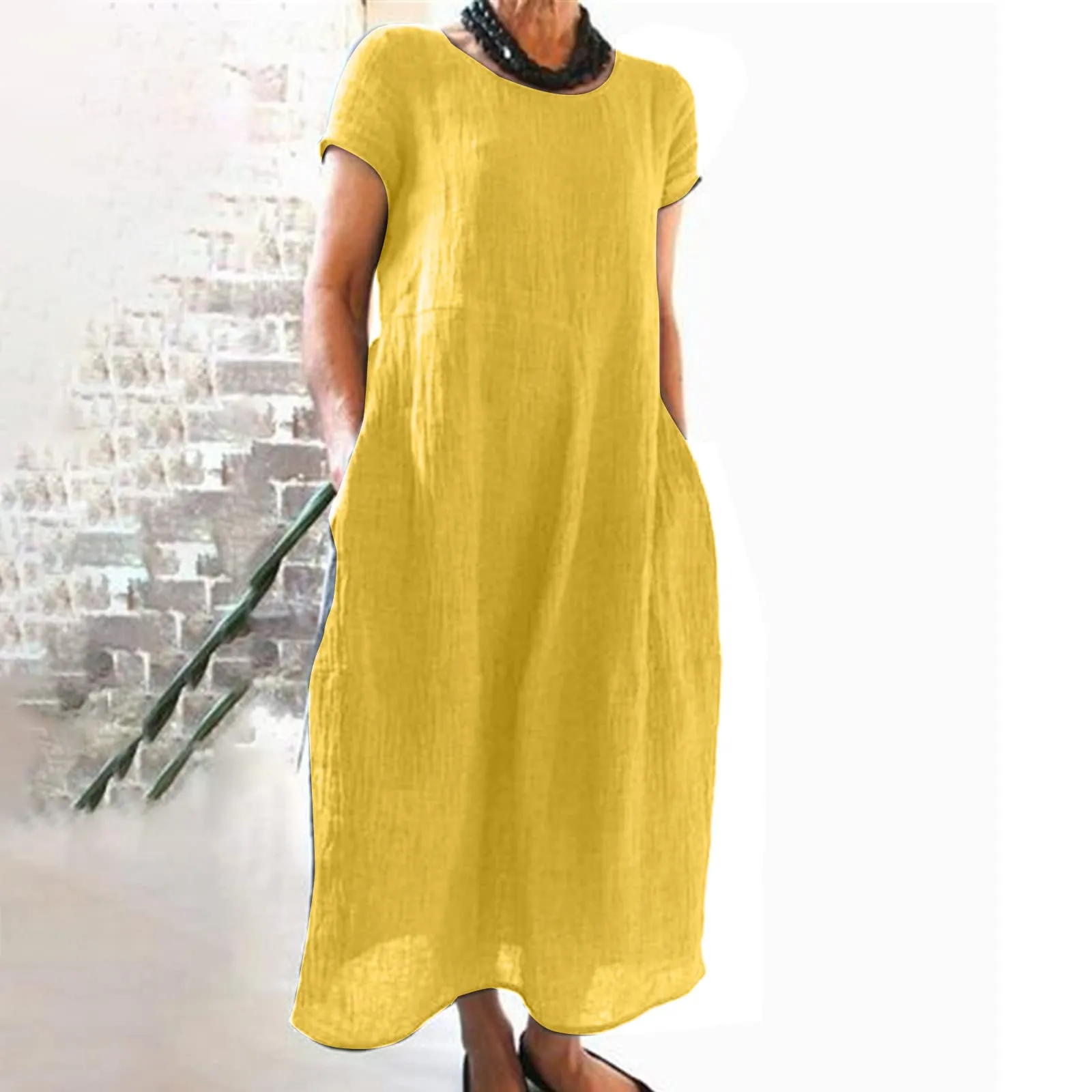 Abito estivo da donna, elegante, in lino, casual, girocollo, a maniche corte, lungo, in cotone, linea A, maxi abito da spiaggia, leggero, alla moda, per il tempo libero, giallo., XXL - immagine 2
