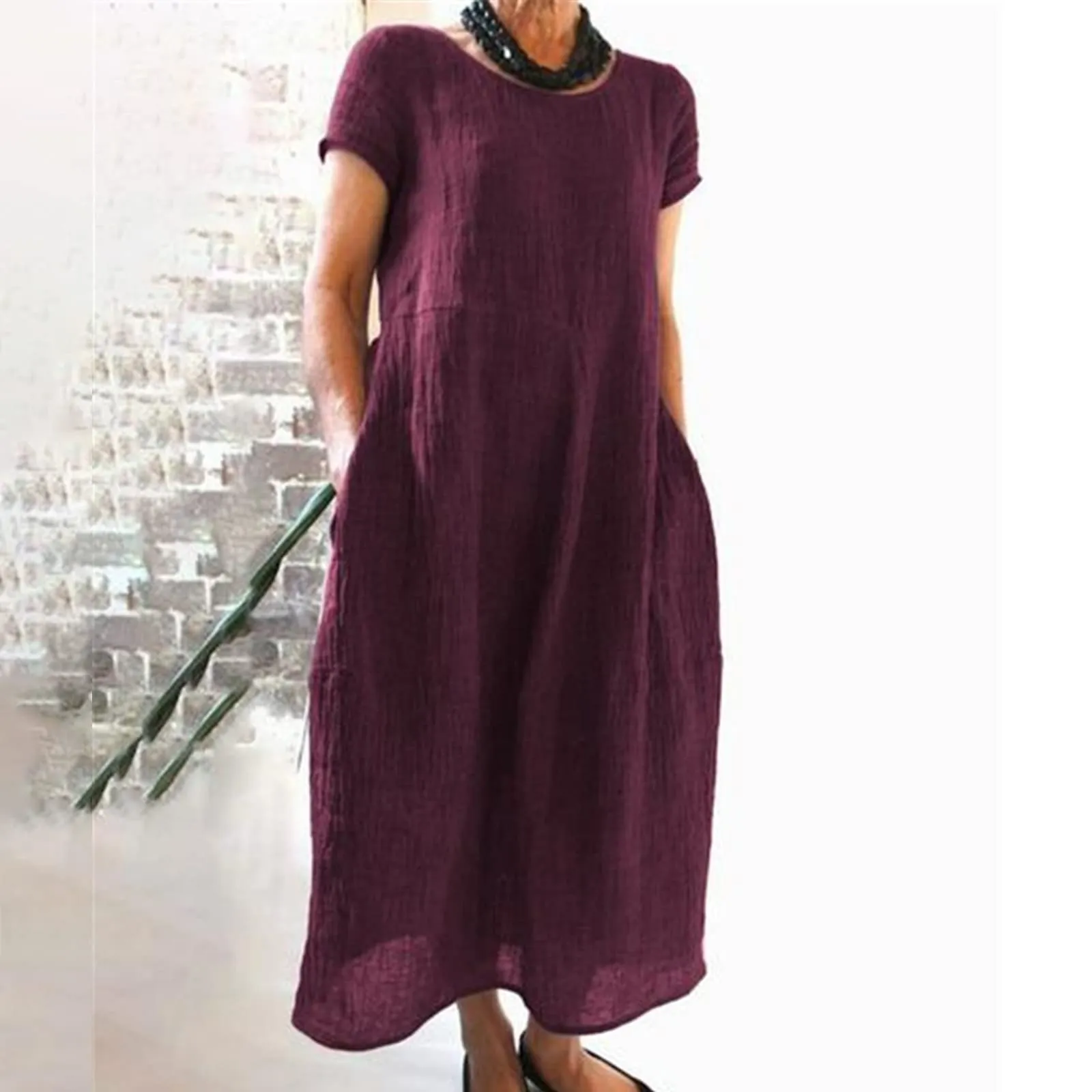 Abito estivo da donna, elegante, in lino, casual, girocollo, a maniche corte, lungo, in cotone, linea A, maxi abito da spiaggia, leggero, alla moda, per il tempo libero, rosso vivo, XXL - immagine 2