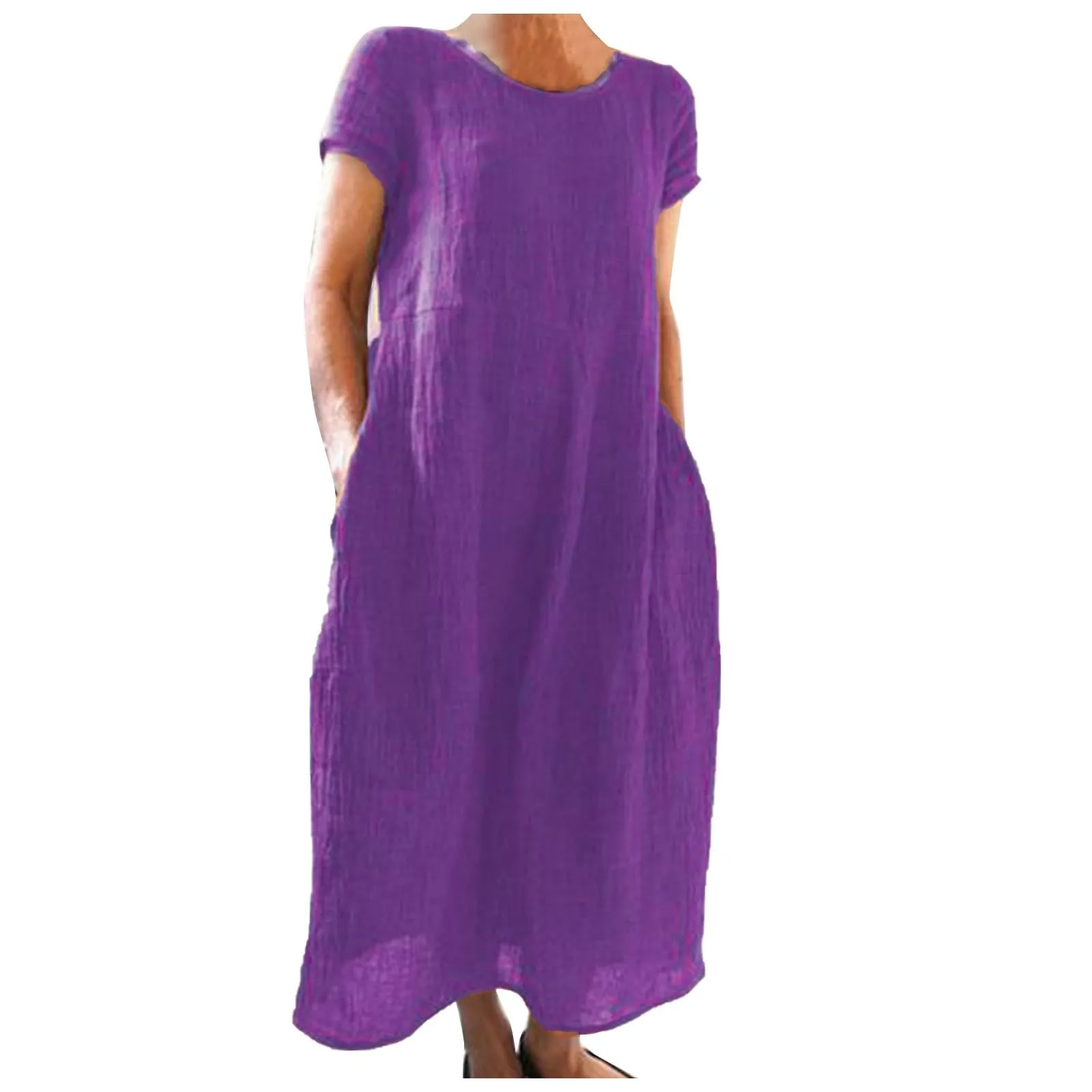 Abito estivo da donna, elegante, in lino, casual, girocollo, a maniche corte, lungo, in cotone, linea A, maxi abito da spiaggia, leggero, alla moda, per il tempo libero, Lilla, XL - immagine 1
