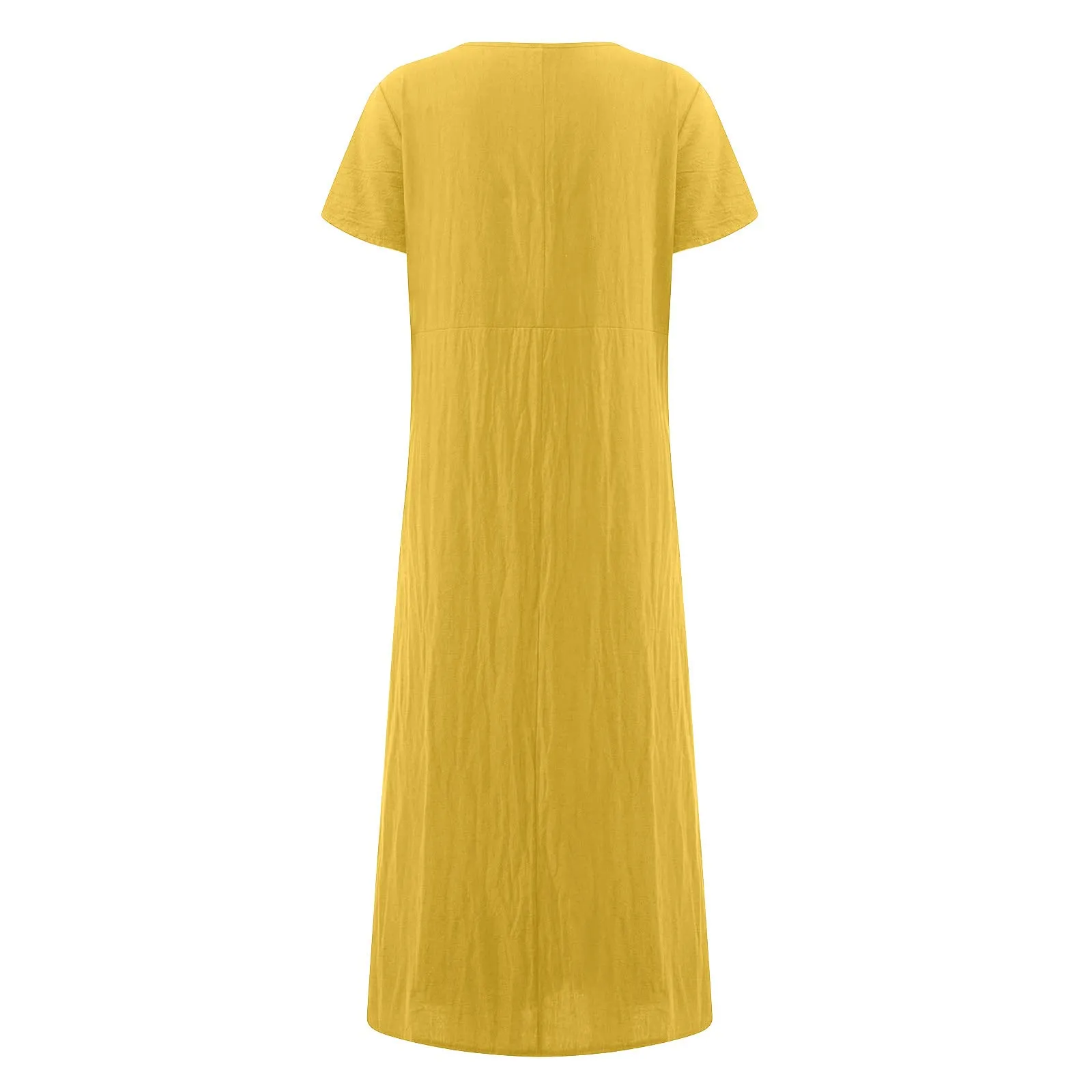 Abito estivo da donna, elegante, in lino, casual, girocollo, a maniche corte, lungo, in cotone, linea A, maxi abito da spiaggia, leggero, alla moda, per il tempo libero, giallo., 5XL - immagine 5