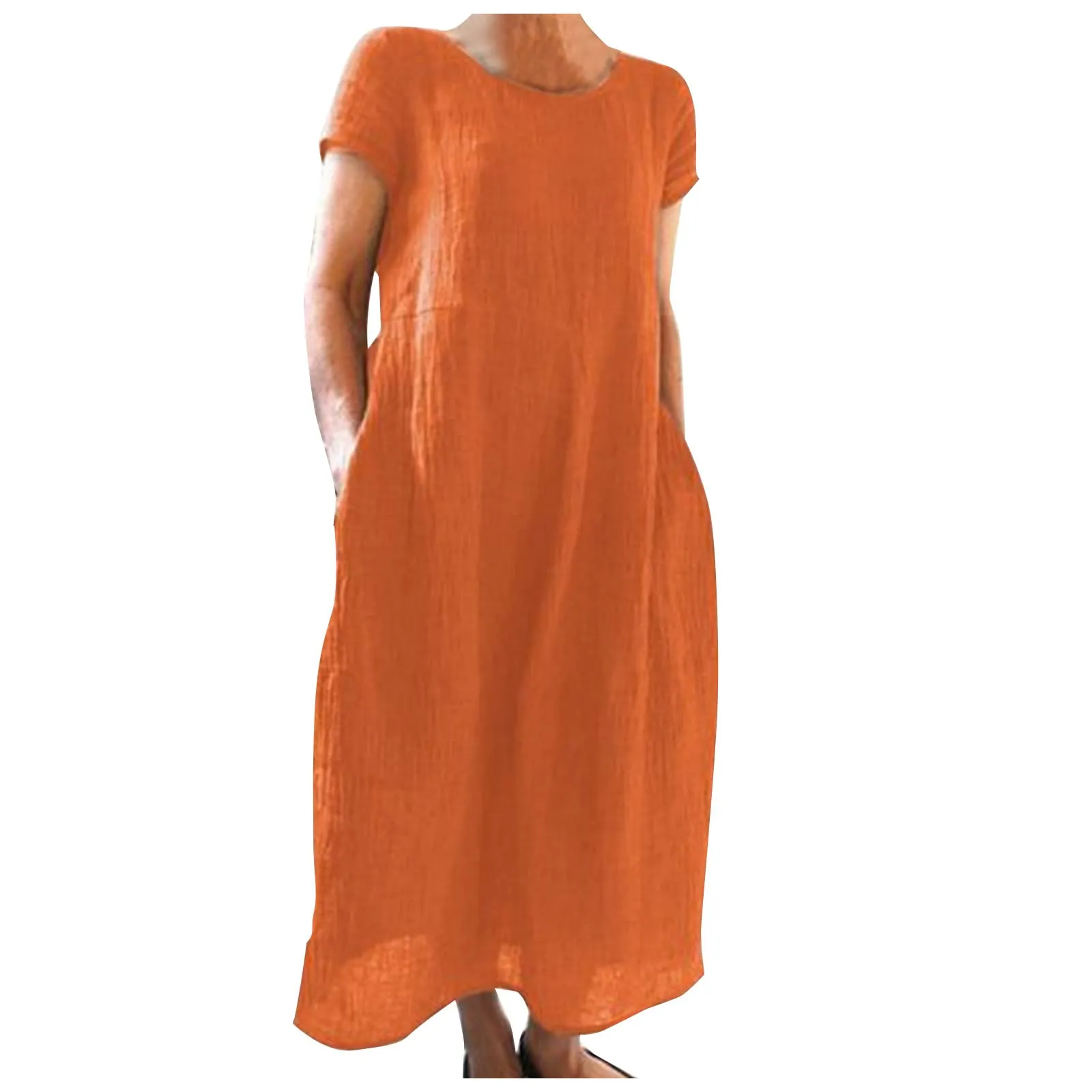 Abito estivo da donna, elegante, in lino, casual, girocollo, a maniche corte, lungo, in cotone, linea A, maxi abito da spiaggia, leggero, alla moda, per il tempo libero, Colore: arancione., 5XL - immagine 1