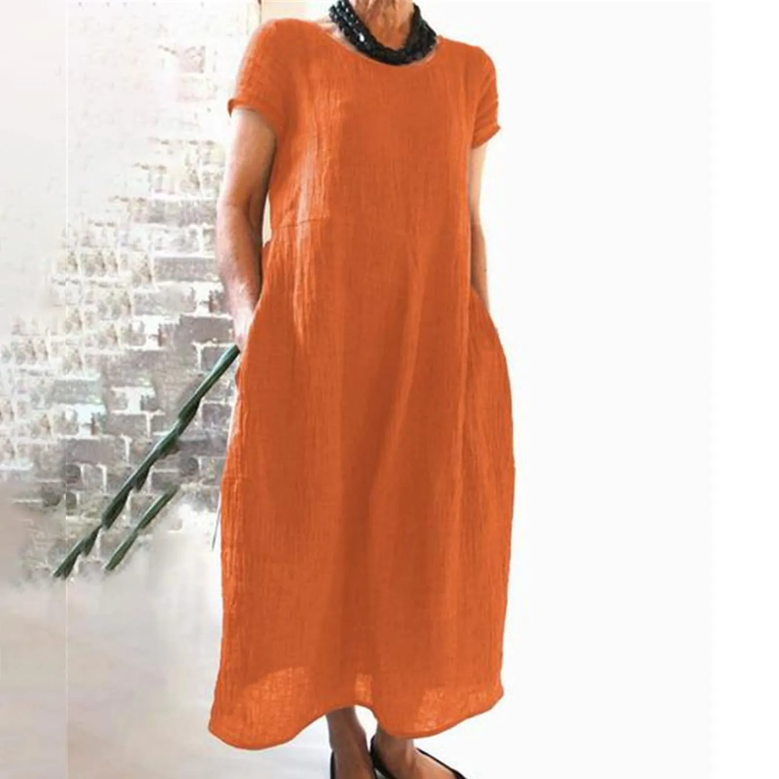 Abito estivo da donna, elegante, in lino, casual, girocollo, a maniche corte, lungo, in cotone, linea A, maxi abito da spiaggia, leggero, alla moda, per il tempo libero, Colore: arancione., 5XL - immagine 2
