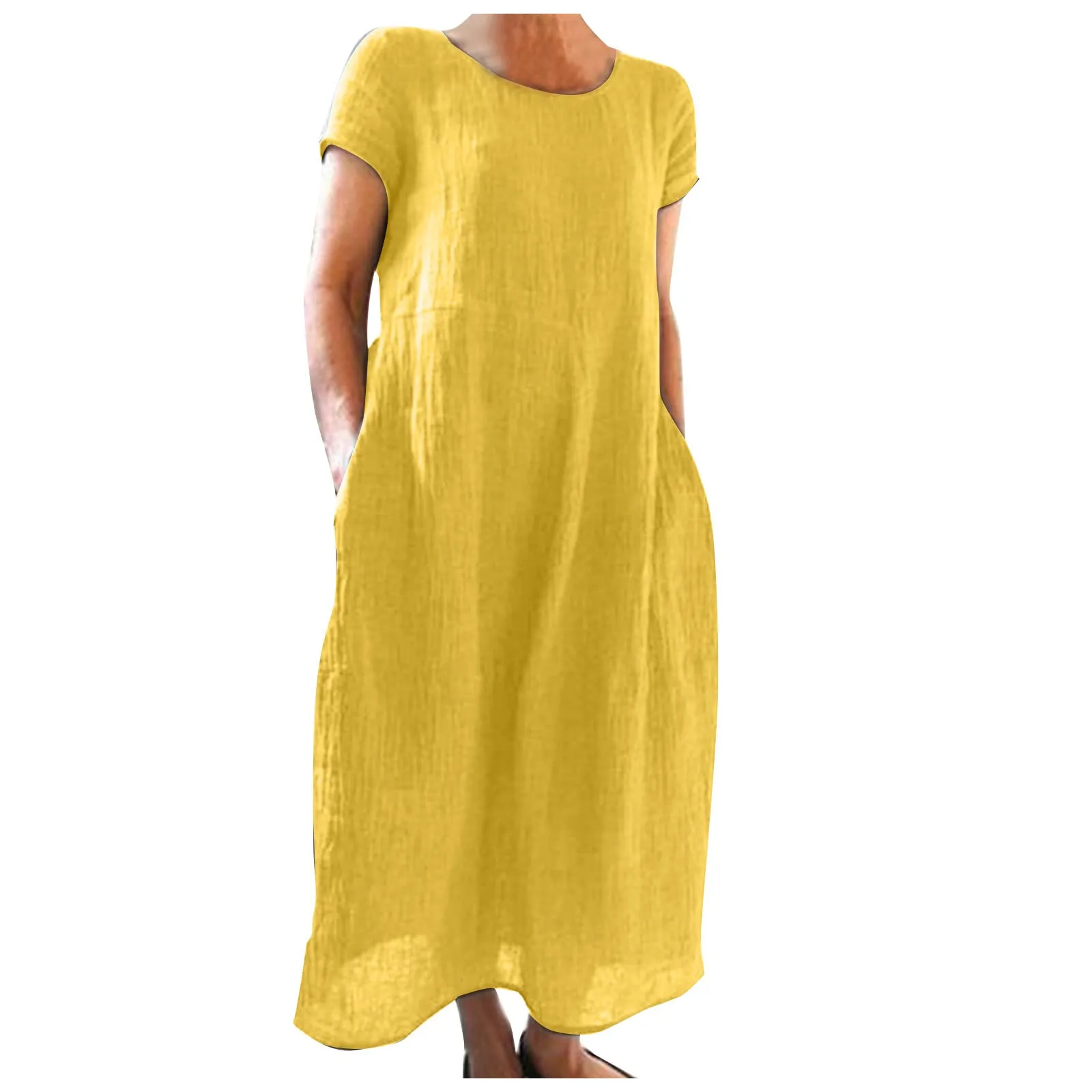 Abito estivo da donna, elegante, in lino, casual, girocollo, a maniche corte, lungo, in cotone, linea A, maxi abito da spiaggia, leggero, alla moda, per il tempo libero, giallo., 3XL - immagine 1