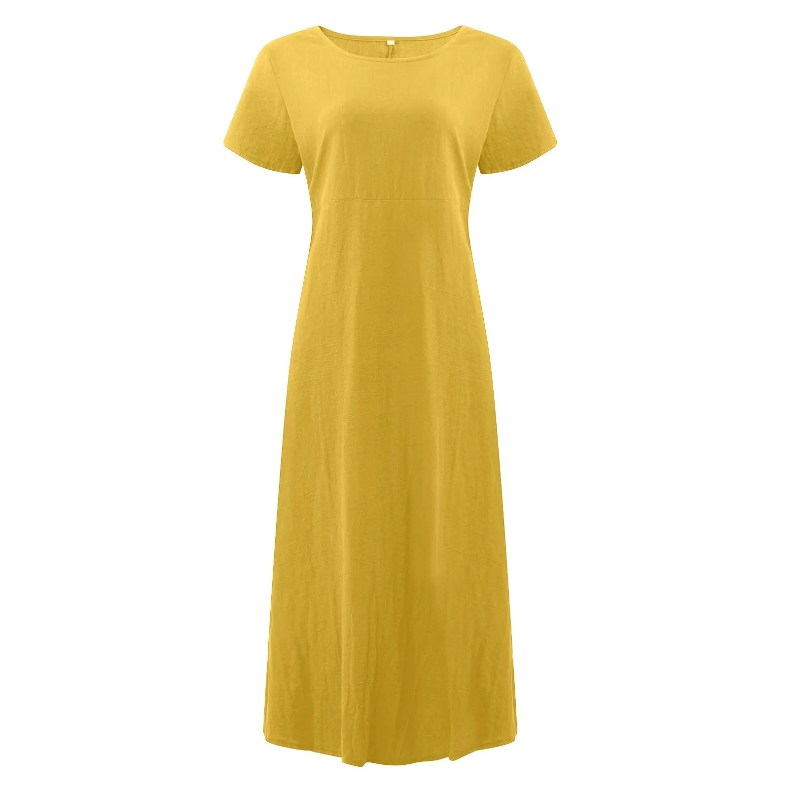 Abito estivo da donna, elegante, in lino, casual, girocollo, a maniche corte, lungo, in cotone, linea A, maxi abito da spiaggia, leggero, alla moda, per il tempo libero, giallo., 3XL - immagine 4