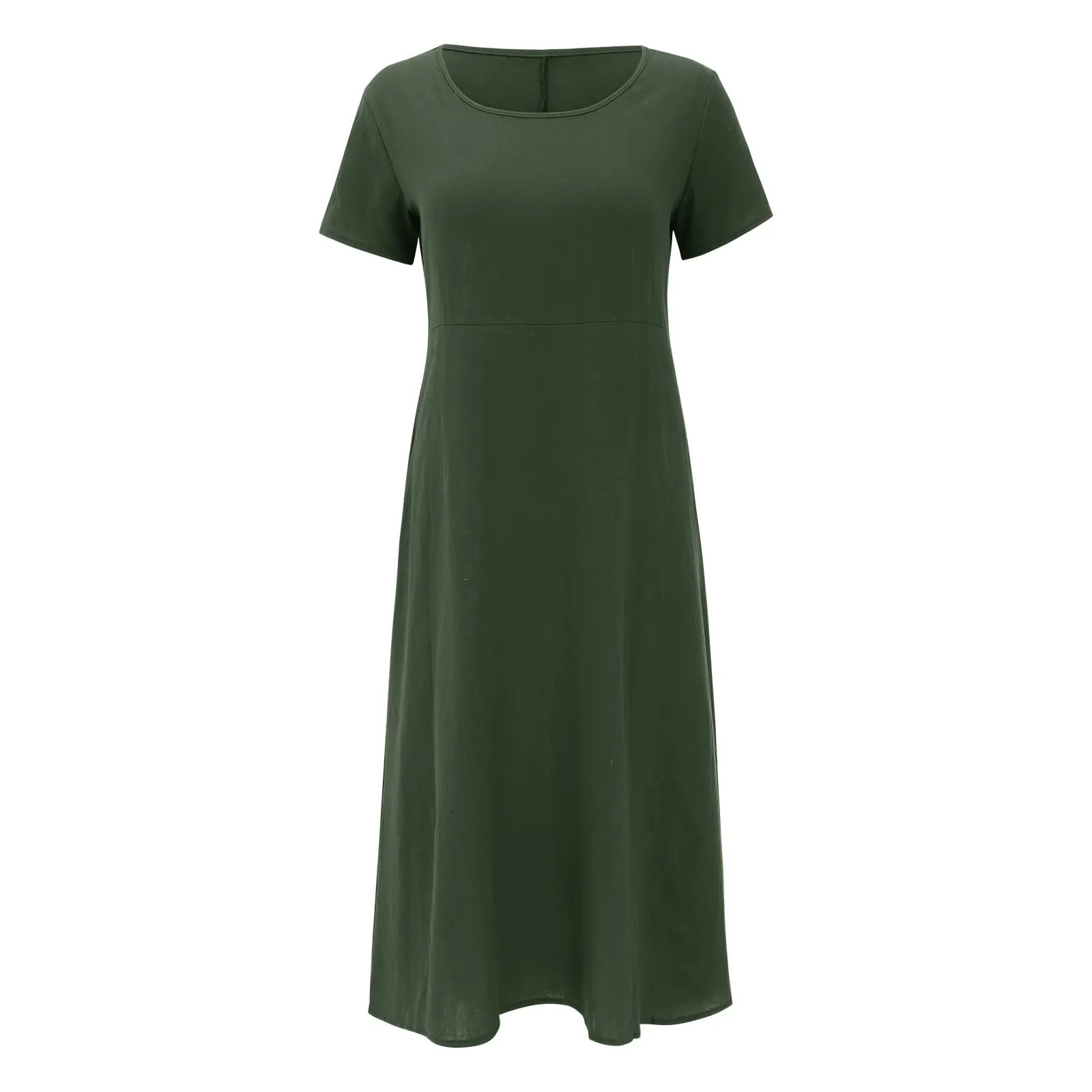 Abito estivo da donna, elegante, in lino, casual, girocollo, a maniche corte, lungo, in cotone, linea A, maxi abito da spiaggia, leggero, alla moda, per il tempo libero, verde militare, 5XL - immagine 4