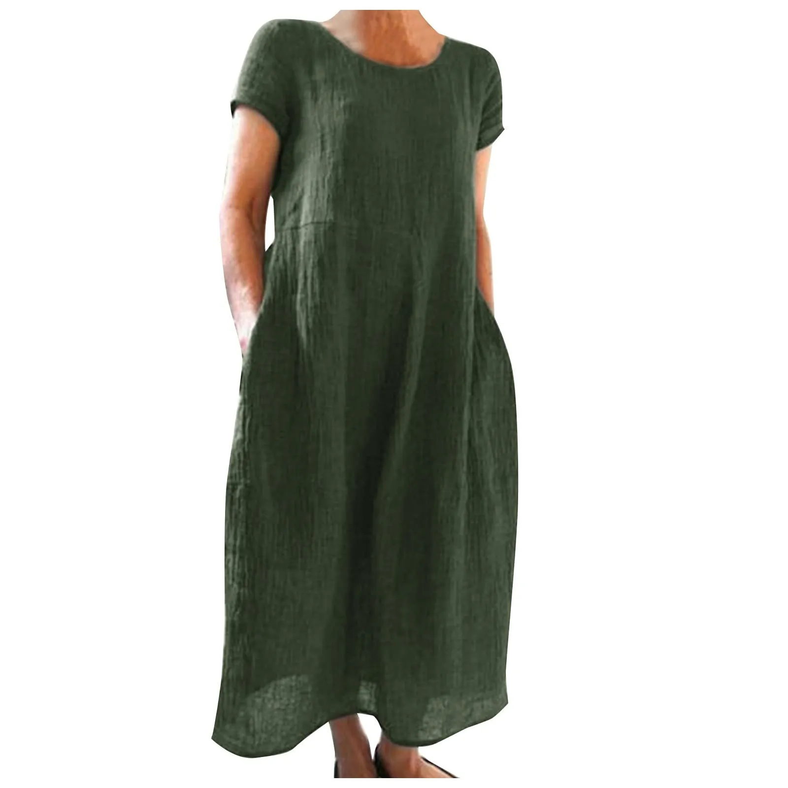 Abito estivo da donna, elegante, in lino, casual, girocollo, a maniche corte, lungo, in cotone, linea A, maxi abito da spiaggia, leggero, alla moda, per il tempo libero, verde militare, S - immagine 1