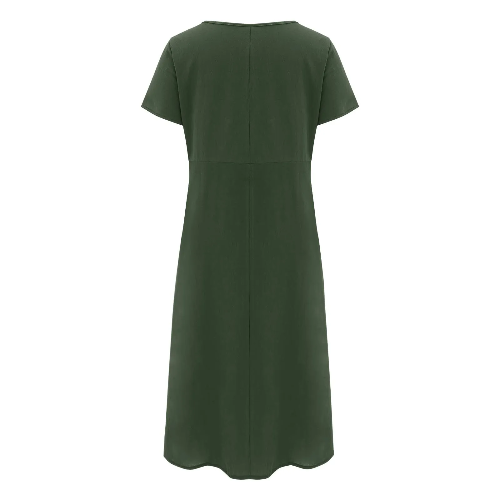 Abito estivo da donna, elegante, in lino, casual, girocollo, a maniche corte, lungo, in cotone, linea A, maxi abito da spiaggia, leggero, alla moda, per il tempo libero, verde militare, S - immagine 5