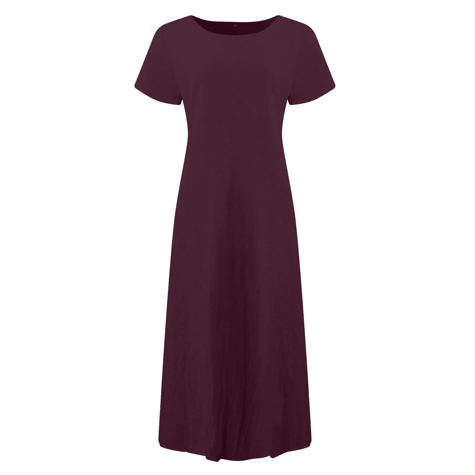 Abito estivo da donna, elegante, in lino, casual, girocollo, a maniche corte, lungo, in cotone, linea A, maxi abito da spiaggia, leggero, alla moda, per il tempo libero, rosso vivo, L - immagine 4