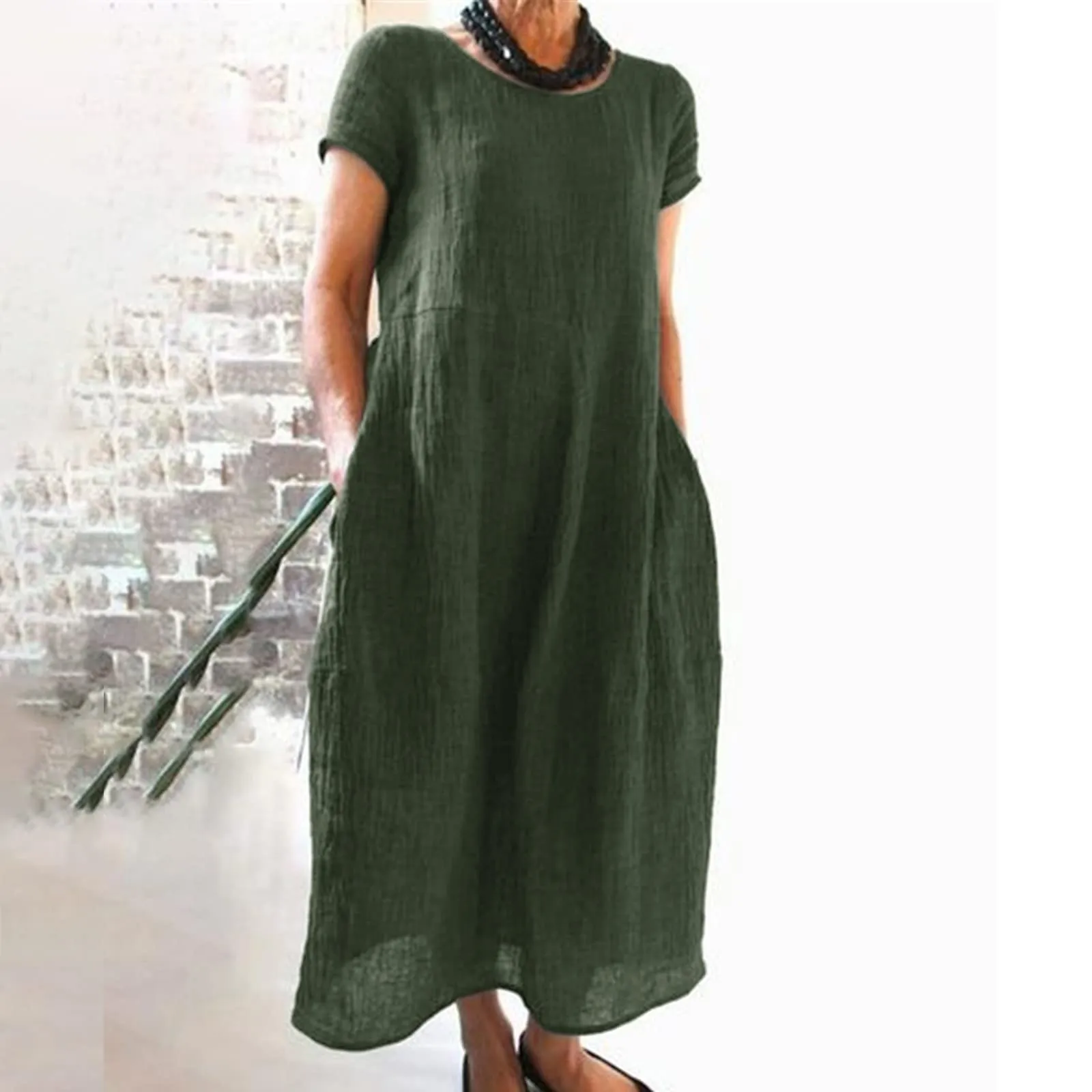 Abito estivo da donna, elegante, in lino, casual, girocollo, a maniche corte, lungo, in cotone, linea A, maxi abito da spiaggia, leggero, alla moda, per il tempo libero, verde militare, 4XL - immagine 2
