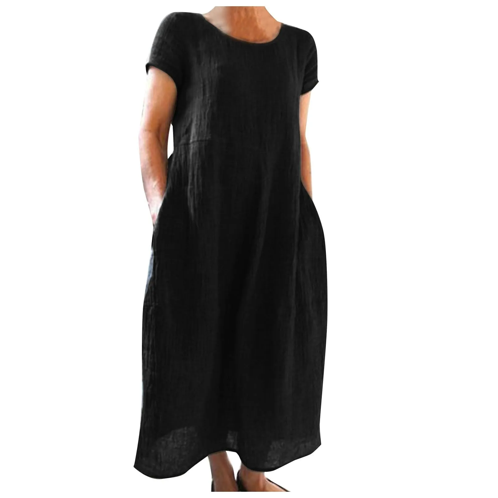 Abito estivo da donna, elegante, in lino, casual, girocollo, a maniche corte, lungo, in cotone, linea A, maxi abito da spiaggia, leggero, alla moda, per il tempo libero, Nero , M - immagine 1