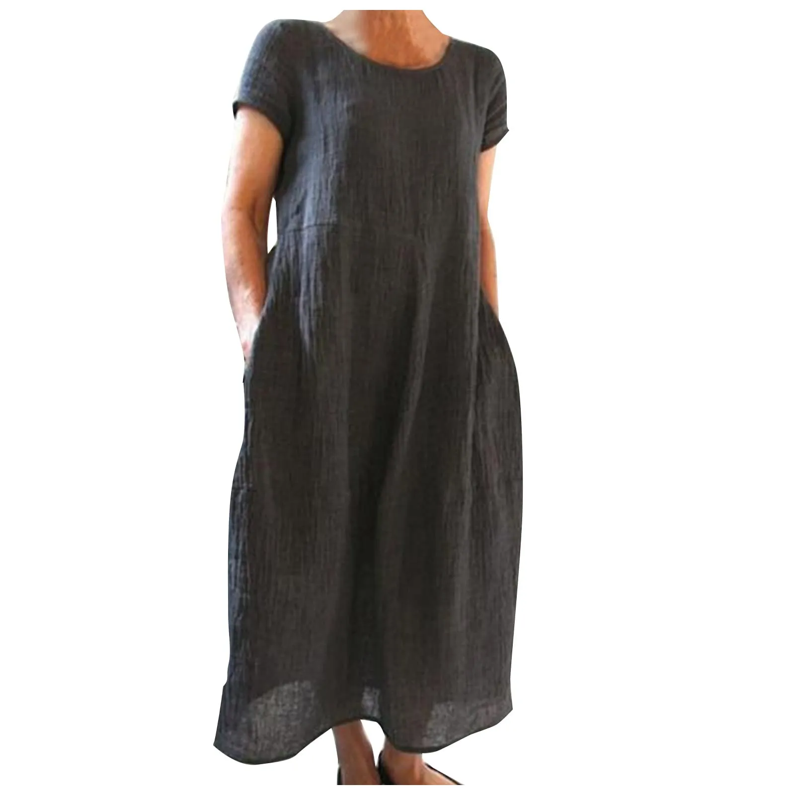 Abito estivo da donna, elegante, in lino, casual, girocollo, a maniche corte, lungo, in cotone, linea A, maxi abito da spiaggia, leggero, alla moda, per il tempo libero, grigio., XXL - immagine 1