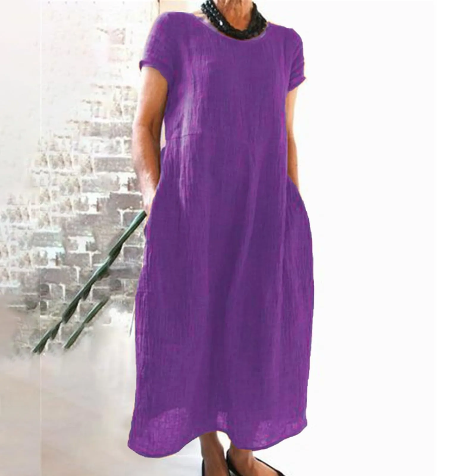 Abito estivo da donna, elegante, in lino, casual, girocollo, a maniche corte, lungo, in cotone, linea A, maxi abito da spiaggia, leggero, alla moda, per il tempo libero, Lilla, L - immagine 2