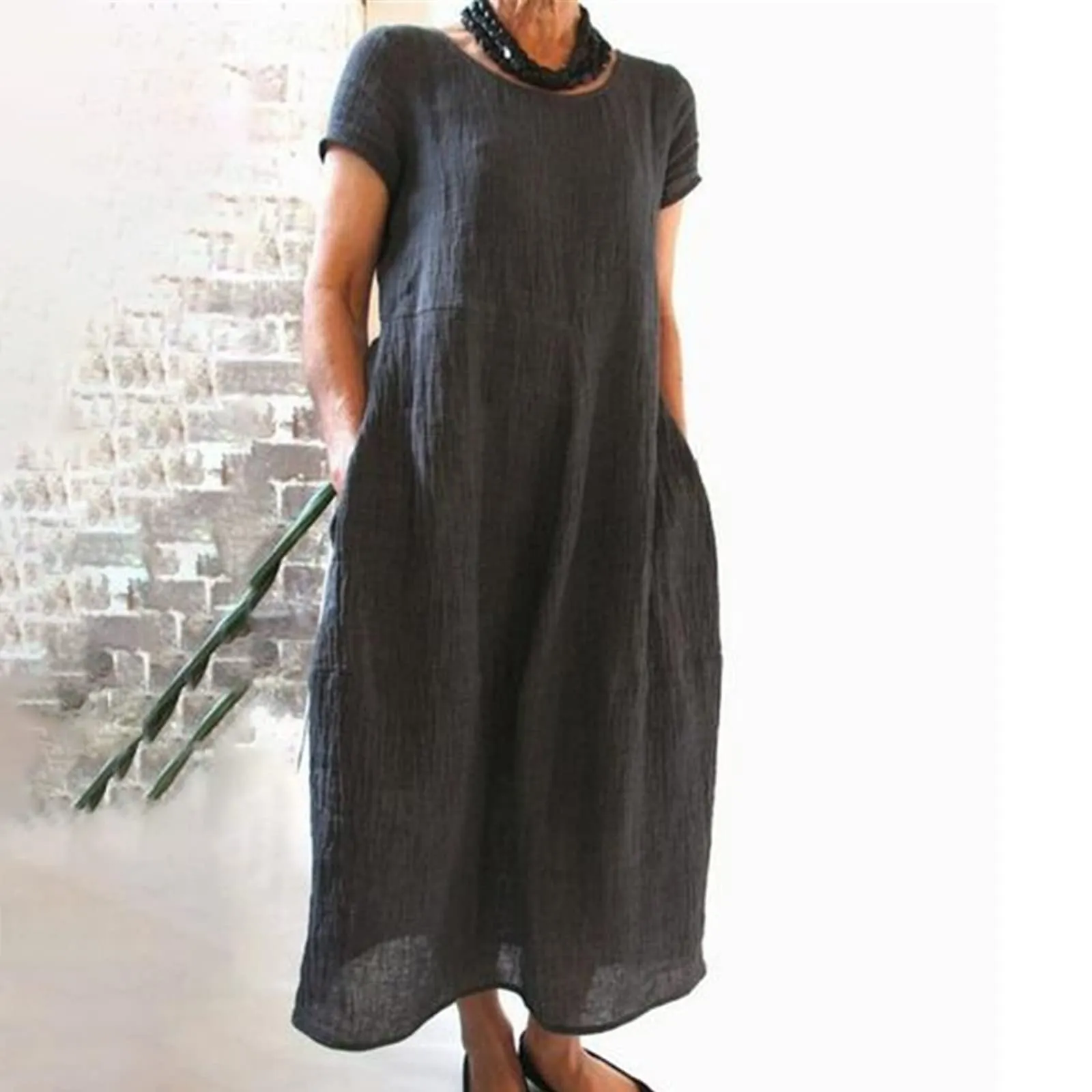 Abito estivo da donna, elegante, in lino, casual, girocollo, a maniche corte, lungo, in cotone, linea A, maxi abito da spiaggia, leggero, alla moda, per il tempo libero, grigio., XL - immagine 2