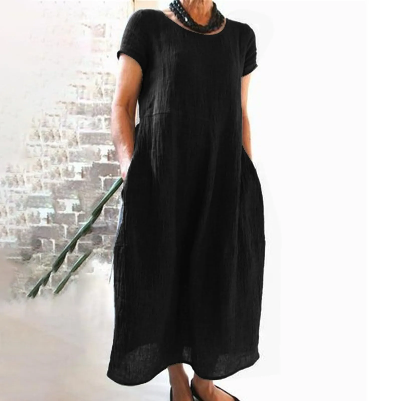 Abito estivo da donna, elegante, in lino, casual, girocollo, a maniche corte, lungo, in cotone, linea A, maxi abito da spiaggia, leggero, alla moda, per il tempo libero, Nero , L - immagine 2