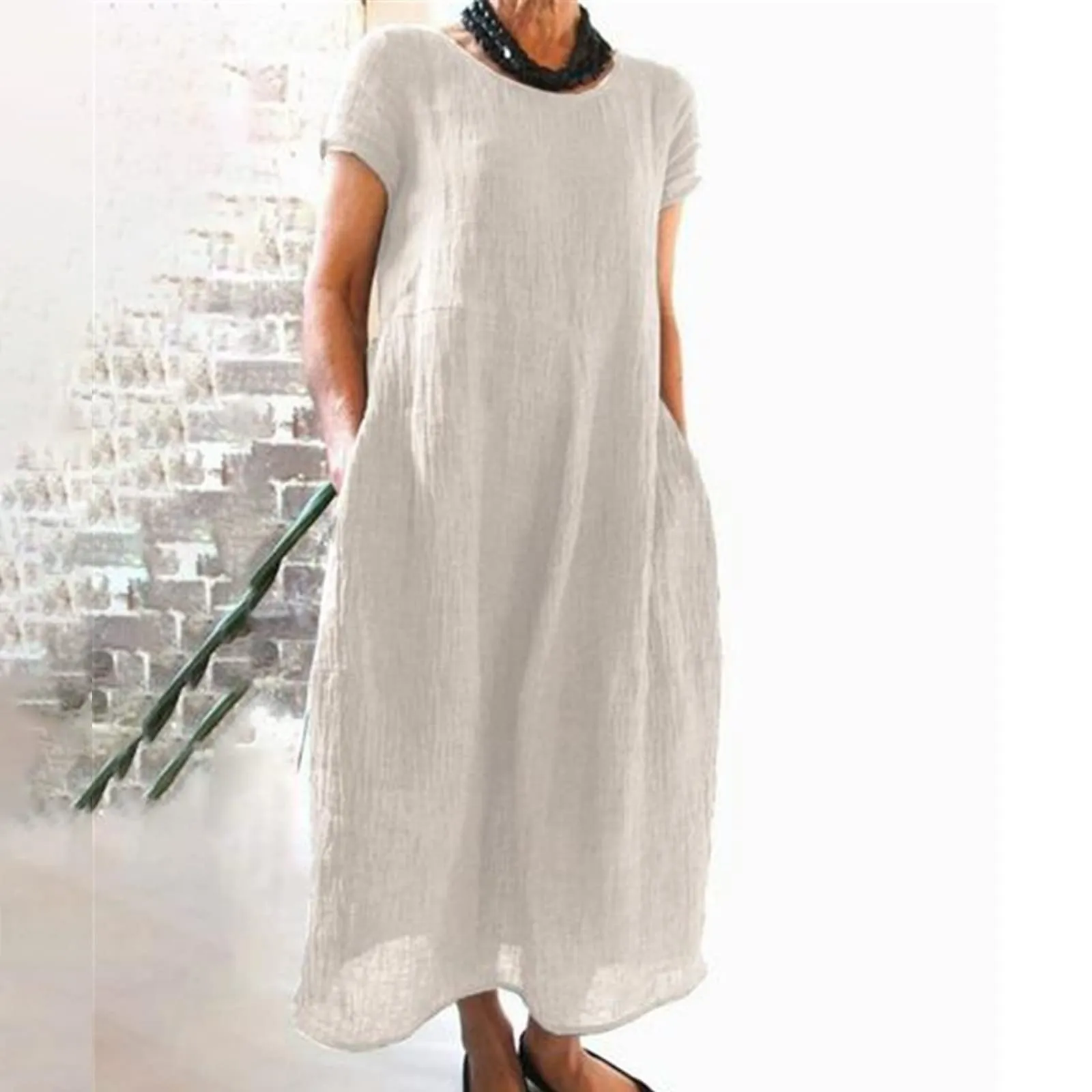 Abito estivo da donna, elegante, in lino, casual, girocollo, a maniche corte, lungo, in cotone, linea A, maxi abito da spiaggia, leggero, alla moda, per il tempo libero, bianco, L - immagine 2