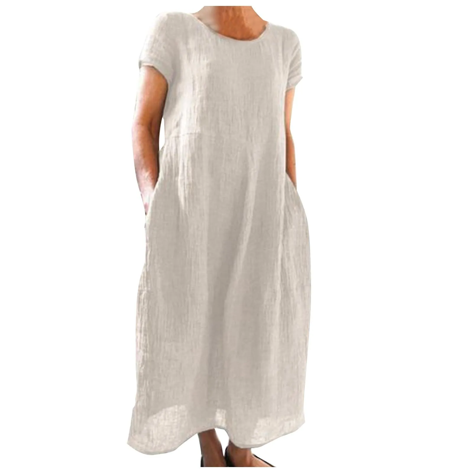Abito estivo da donna, elegante, in lino, casual, girocollo, a maniche corte, lungo, in cotone, linea A, maxi abito da spiaggia, leggero, alla moda, per il tempo libero, beige., 3XL - immagine 1