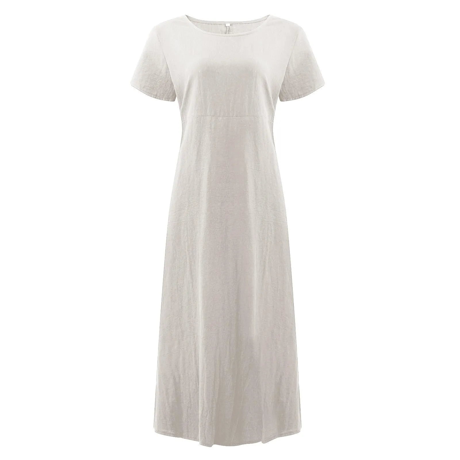 Abito estivo da donna, elegante, in lino, casual, girocollo, a maniche corte, lungo, in cotone, linea A, maxi abito da spiaggia, leggero, alla moda, per il tempo libero, beige., 3XL - immagine 4