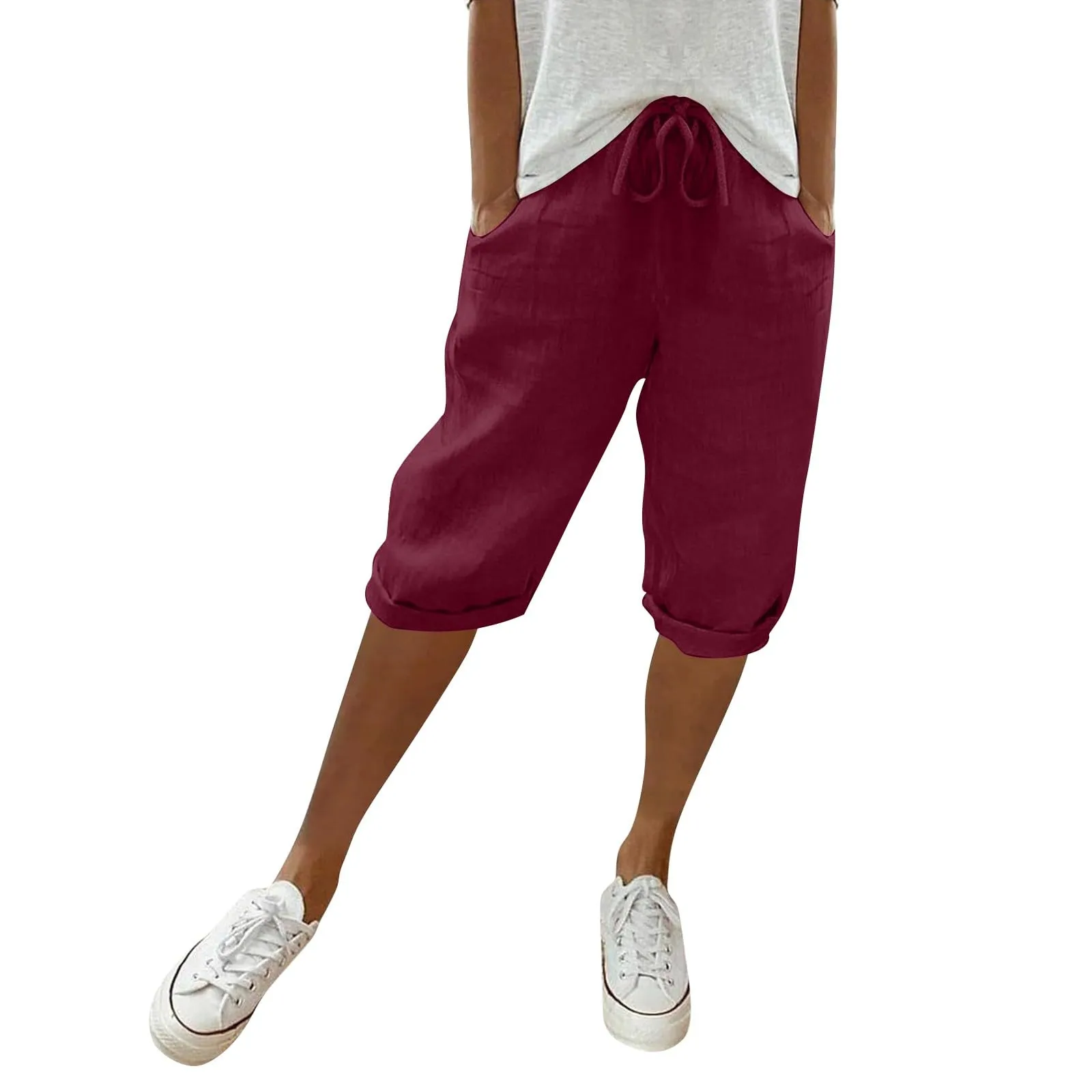 Bermuda da donna al ginocchio con tasche, gamba dritta, in cotone e lino, con elastico in vita, casual, tinta unita, lunghi, estivi, da lavoro, pantaloni da salotto, vino, M - immagine 2