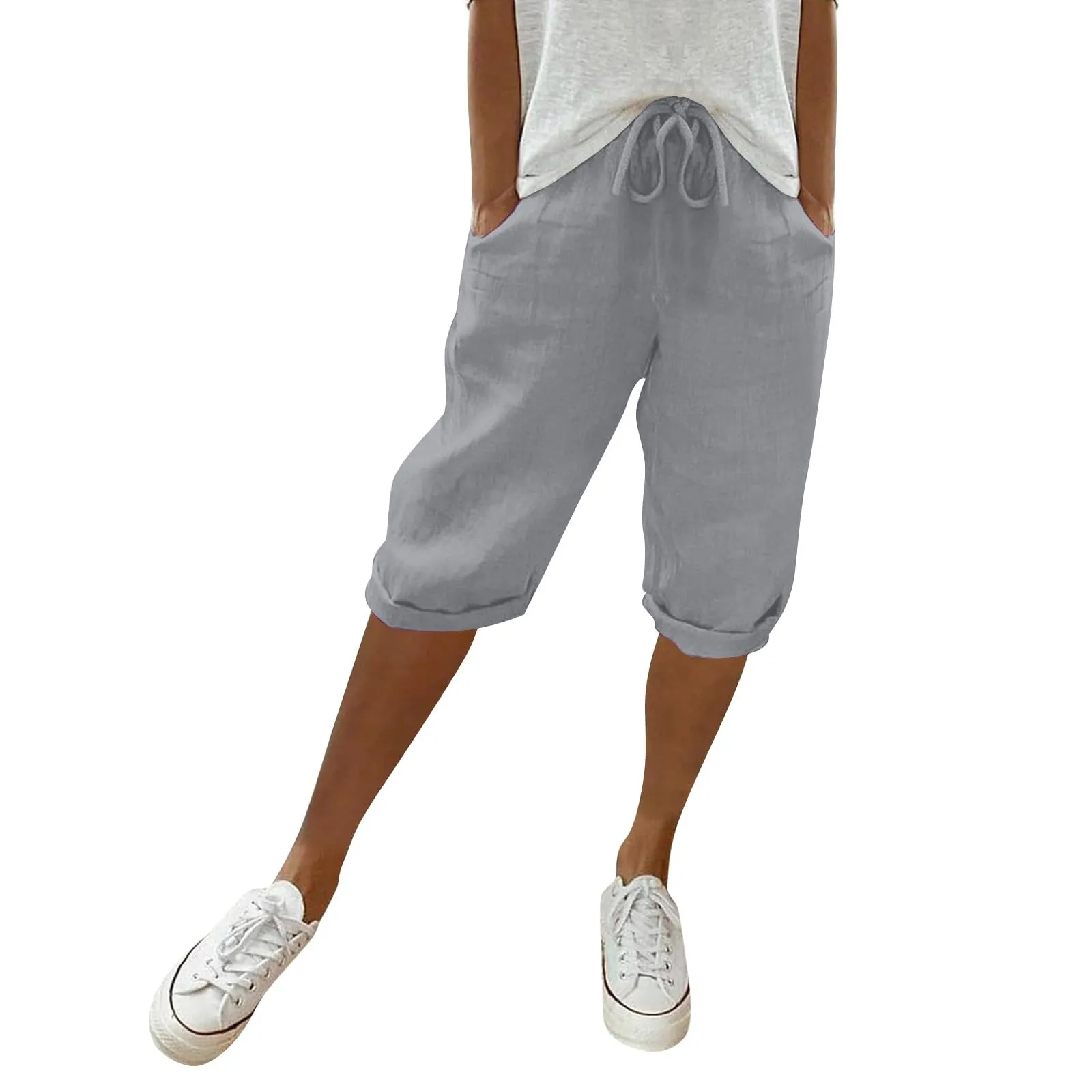 Bermuda da donna al ginocchio con tasche, gamba dritta, in cotone e lino, con elastico in vita, casual, tinta unita, lunghi, estivi, da lavoro, pantaloni da salotto, Grigio, XXL - immagine 2