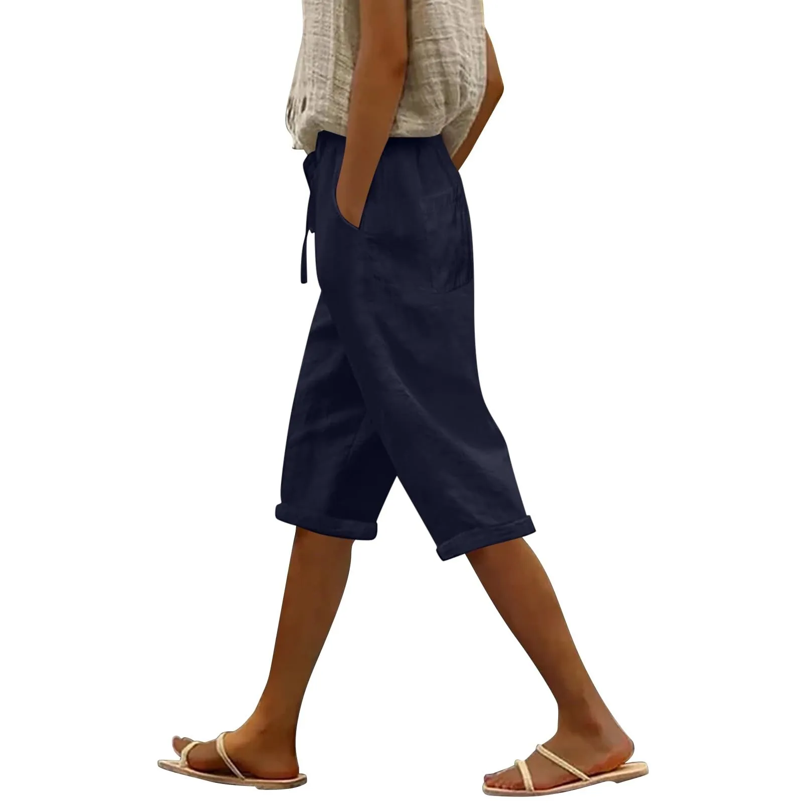 Bermuda da donna al ginocchio con tasche, gamba dritta, in cotone e lino, con elastico in vita, casual, tinta unita, lunghi, estivi, da lavoro, pantaloni da salotto, Marina Militare, XXL - immagine 1