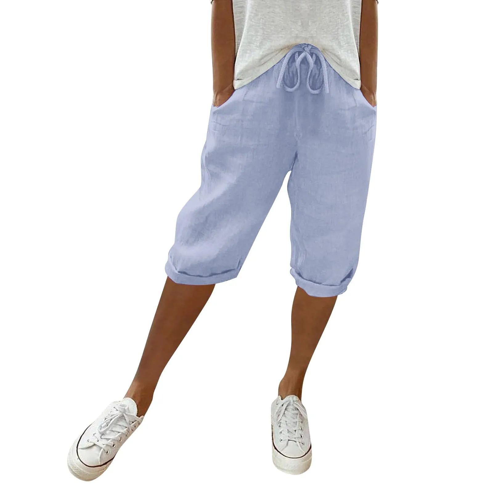 Bermuda da donna al ginocchio con tasche, gamba dritta, in cotone e lino, con elastico in vita, casual, tinta unita, lunghi, estivi, da lavoro, pantaloni da salotto, Blu, M - immagine 2