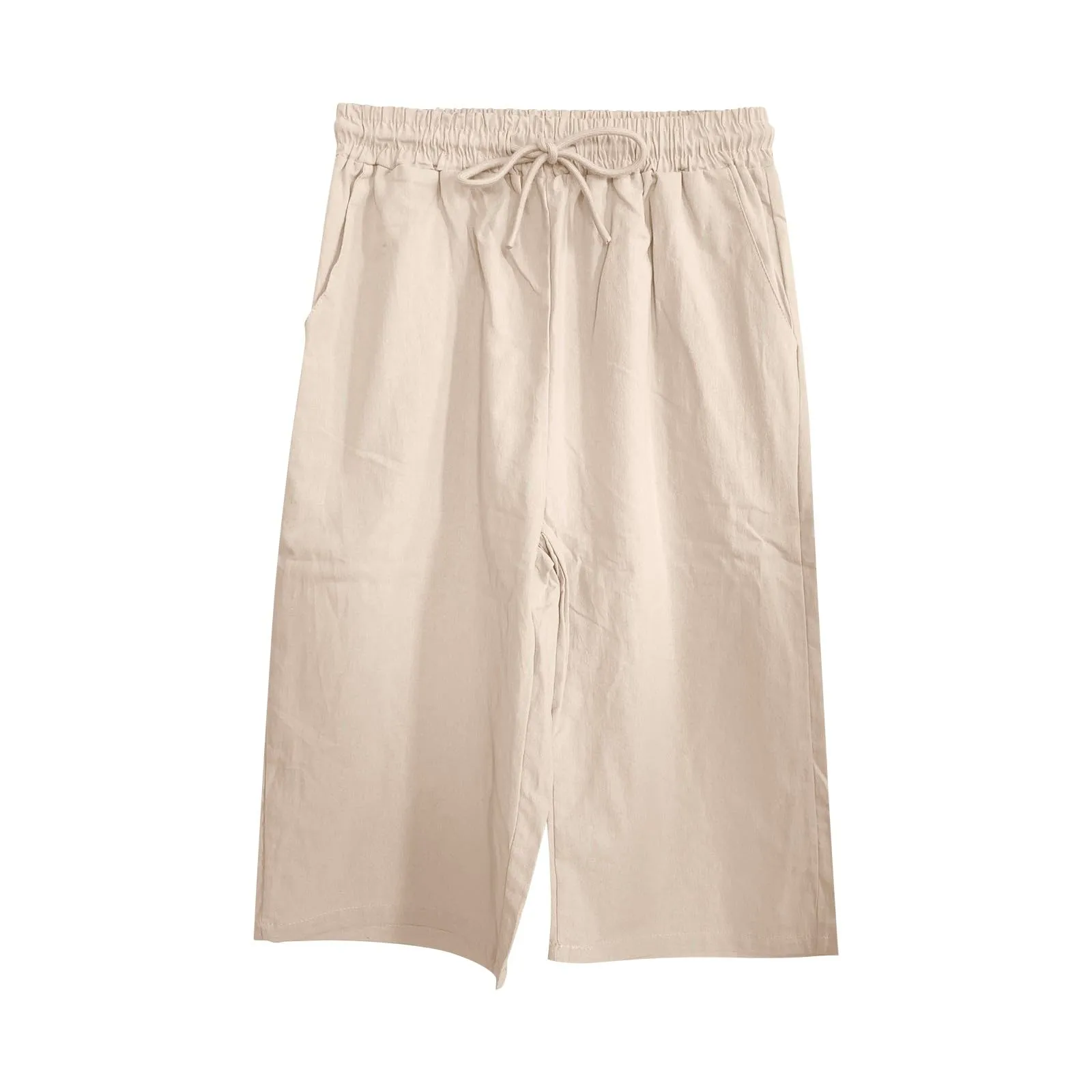 Bermuda da donna al ginocchio con tasche, gamba dritta, in cotone e lino, con elastico in vita, casual, tinta unita, lunghi, estivi, da lavoro, pantaloni da salotto, Beige, 3XL - immagine 6