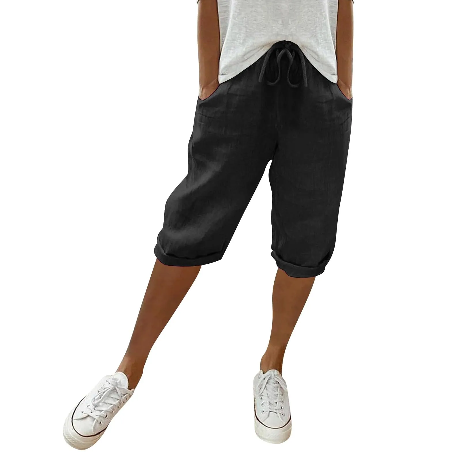 Bermuda da donna al ginocchio con tasche, gamba dritta, in cotone e lino, con elastico in vita, casual, tinta unita, lunghi, estivi, da lavoro, pantaloni da salotto, Nero , 3XL - immagine 2