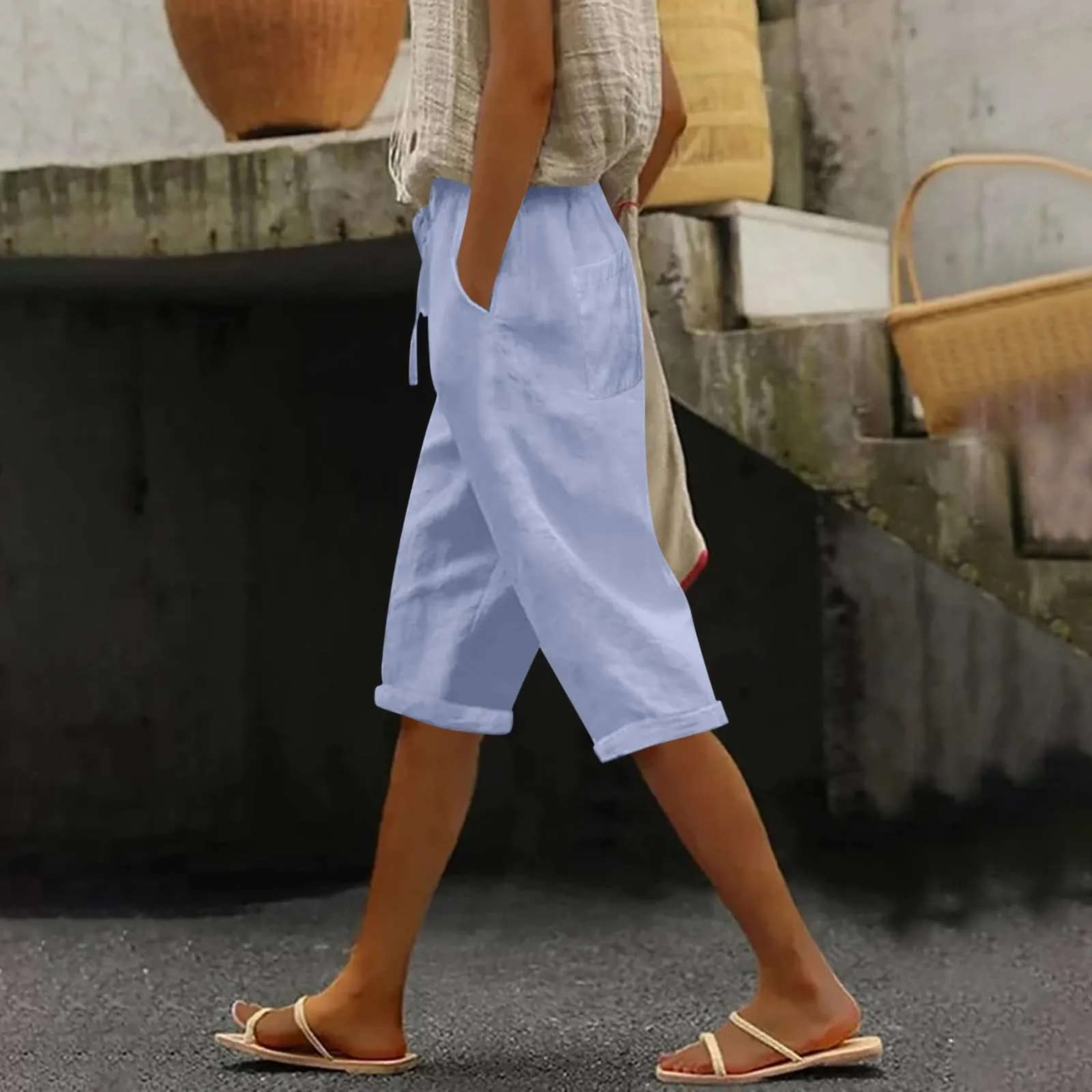 Bermuda da donna al ginocchio con tasche, gamba dritta, in cotone e lino, con elastico in vita, casual, tinta unita, lunghi, estivi, da lavoro, pantaloni da salotto, Blu, S - immagine 3