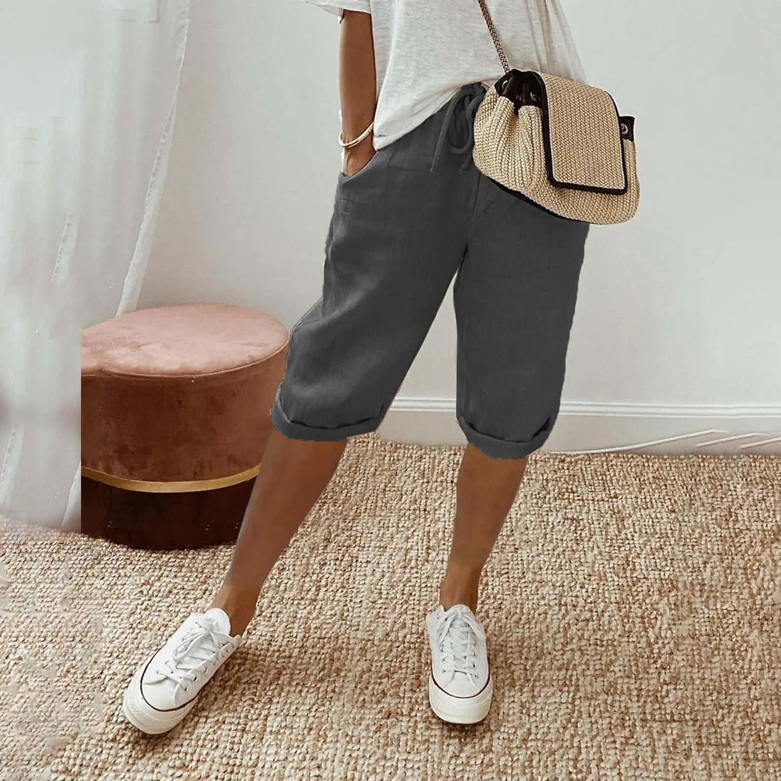 Bermuda da donna al ginocchio con tasche, gamba dritta, in cotone e lino, con elastico in vita, casual, tinta unita, lunghi, estivi, da lavoro, pantaloni da salotto, Grigio scuro, S - immagine 4