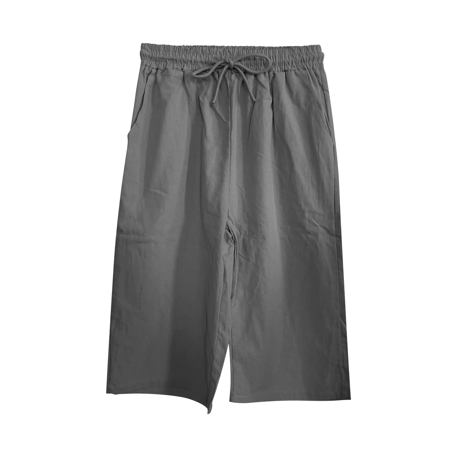 Bermuda da donna al ginocchio con tasche, gamba dritta, in cotone e lino, con elastico in vita, casual, tinta unita, lunghi, estivi, da lavoro, pantaloni da salotto, Grigio scuro, S - immagine 6