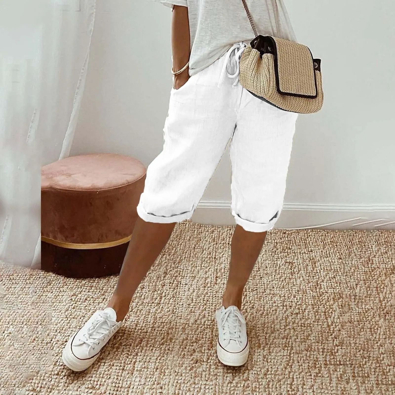 Bermuda da donna al ginocchio con tasche, gamba dritta, in cotone e lino, con elastico in vita, casual, tinta unita, lunghi, estivi, da lavoro, pantaloni da salotto, bianco, 3XL - immagine 4