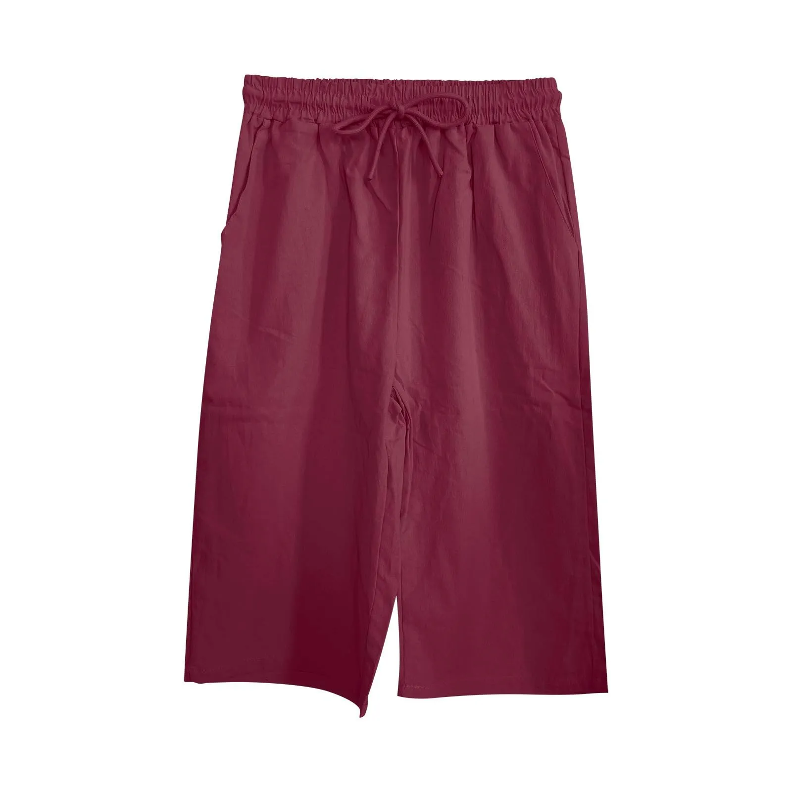 Bermuda da donna al ginocchio con tasche, gamba dritta, in cotone e lino, con elastico in vita, casual, tinta unita, lunghi, estivi, da lavoro, pantaloni da salotto, vino, 3XL - immagine 6