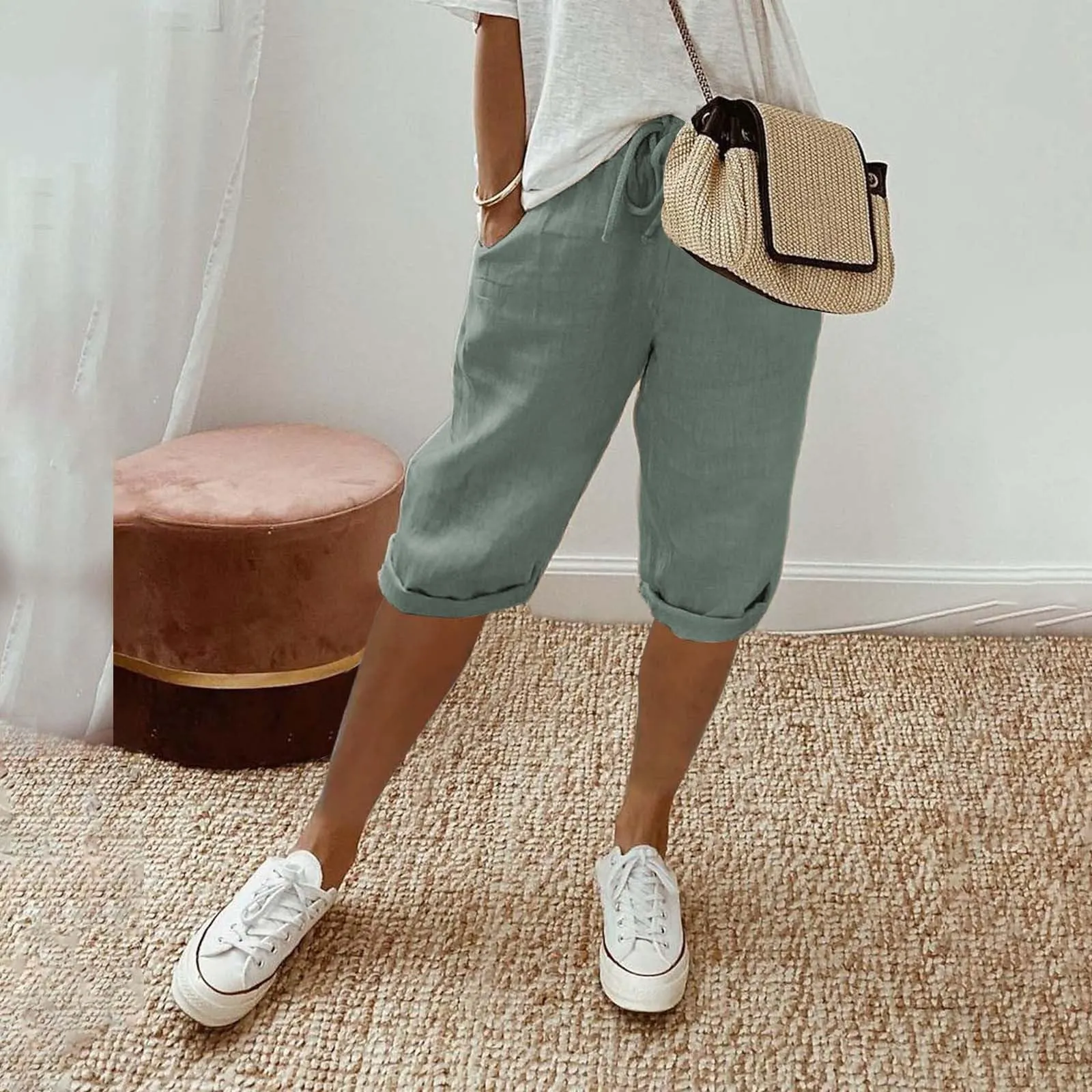 Bermuda da donna al ginocchio con tasche, gamba dritta, in cotone e lino, con elastico in vita, casual, tinta unita, lunghi, estivi, da lavoro, pantaloni da salotto, Verde menta, S - immagine 4