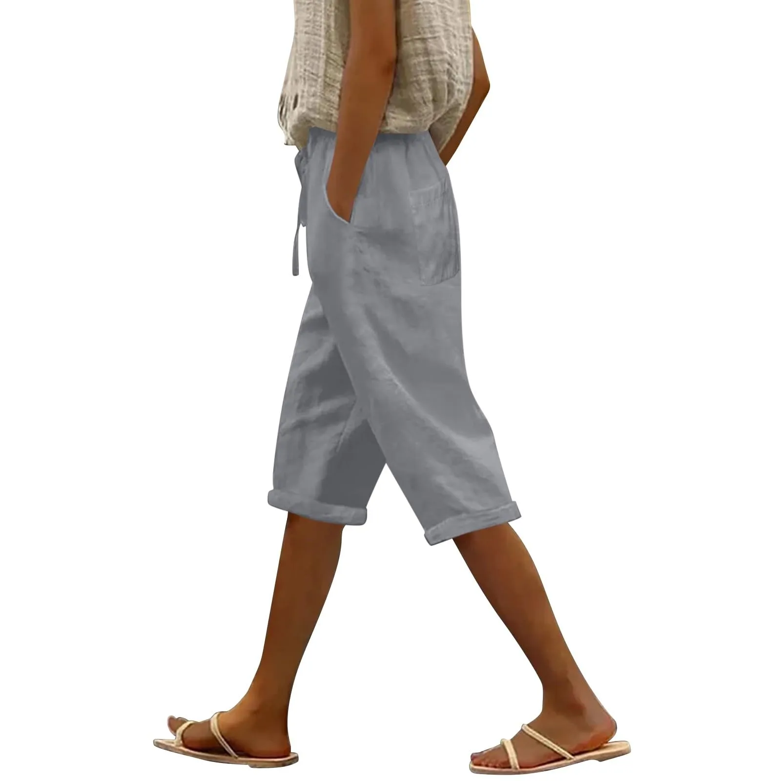 Bermuda da donna al ginocchio con tasche, gamba dritta, in cotone e lino, con elastico in vita, casual, tinta unita, lunghi, estivi, da lavoro, pantaloni da salotto, Grigio, M - immagine 1