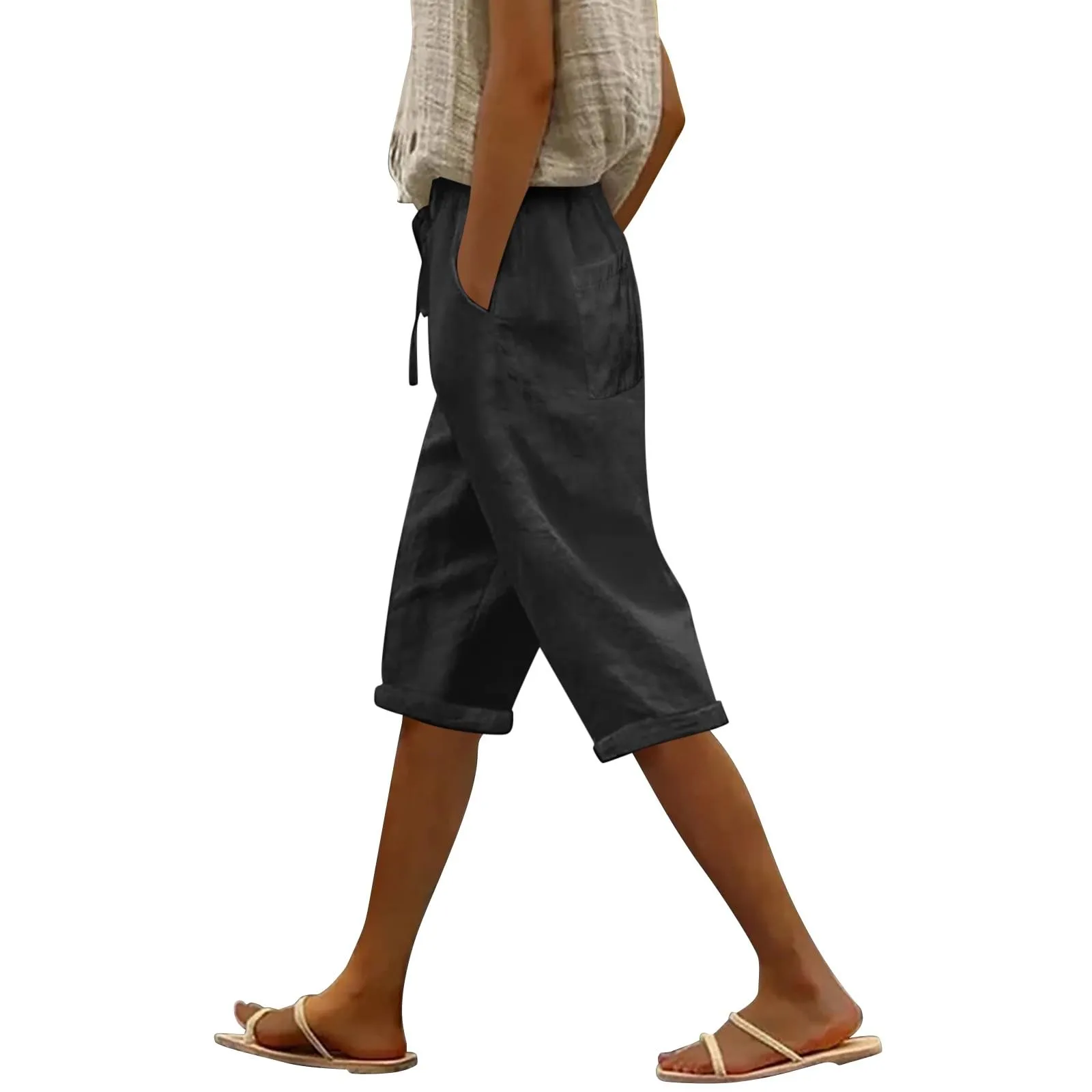 Bermuda da donna al ginocchio con tasche, gamba dritta, in cotone e lino, con elastico in vita, casual, tinta unita, lunghi, estivi, da lavoro, pantaloni da salotto, Nero , XL - immagine 1