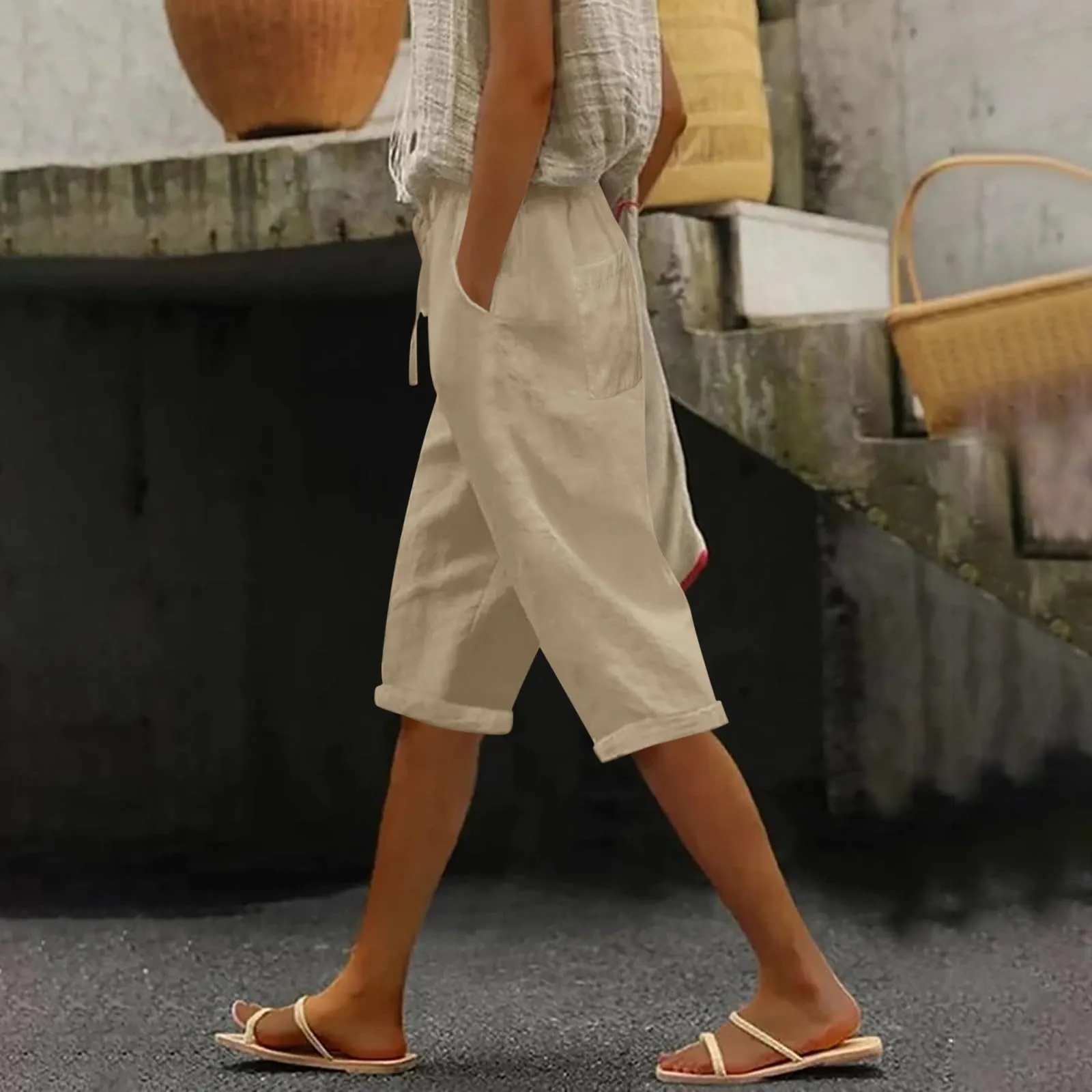 Bermuda da donna al ginocchio con tasche, gamba dritta, in cotone e lino, con elastico in vita, casual, tinta unita, lunghi, estivi, da lavoro, pantaloni da salotto, cachi, S - immagine 3