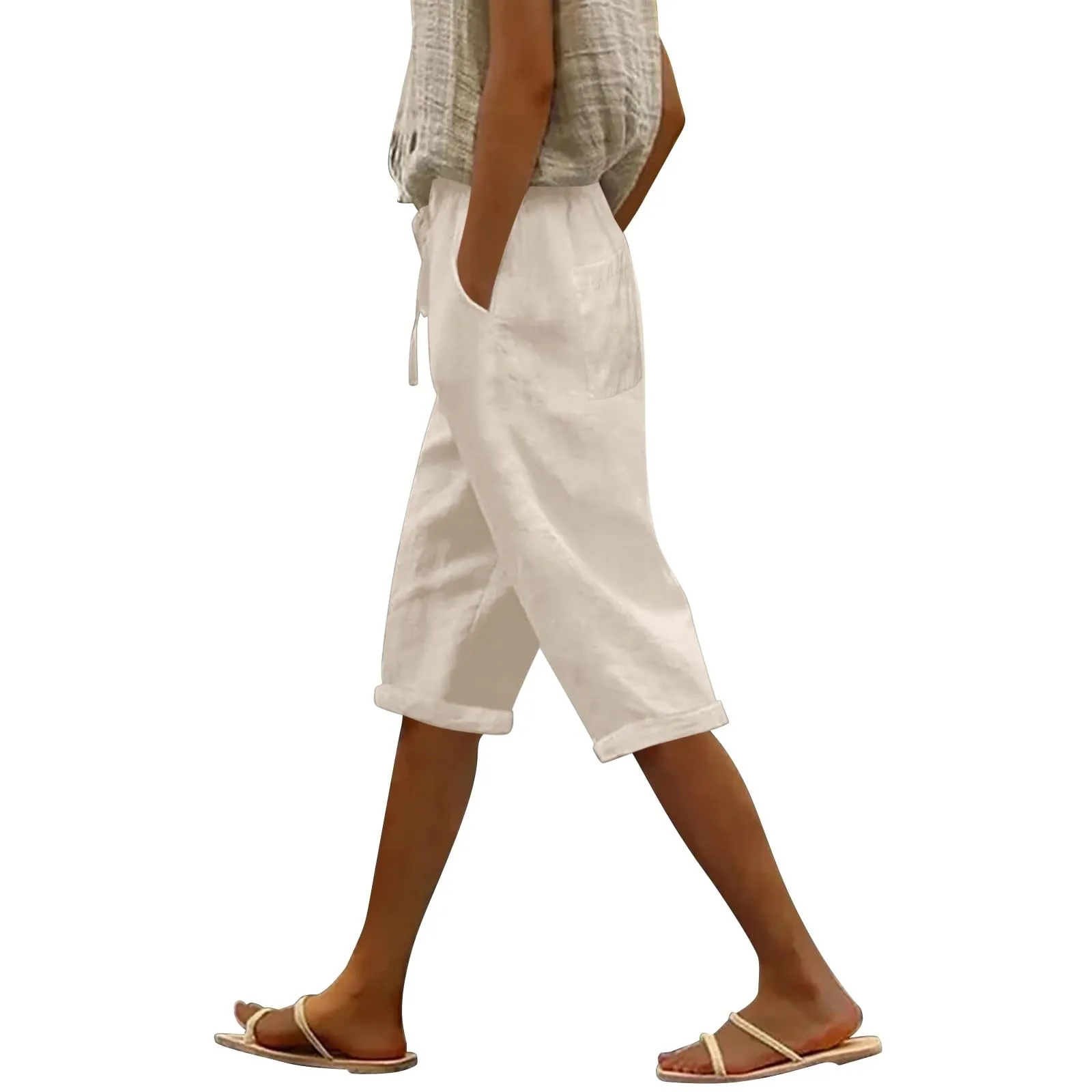 Bermuda da donna al ginocchio con tasche, gamba dritta, in cotone e lino, con elastico in vita, casual, tinta unita, lunghi, estivi, da lavoro, pantaloni da salotto, Beige, XXL - immagine 1