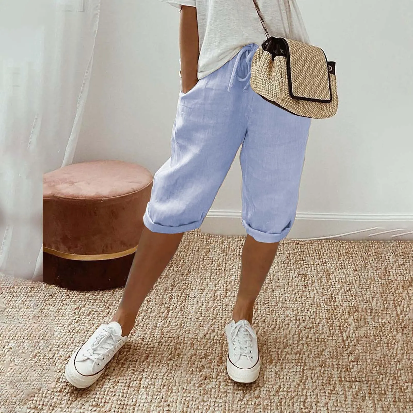 Bermuda da donna al ginocchio con tasche, gamba dritta, in cotone e lino, con elastico in vita, casual, tinta unita, lunghi, estivi, da lavoro, pantaloni da salotto, Blu, L - immagine 4
