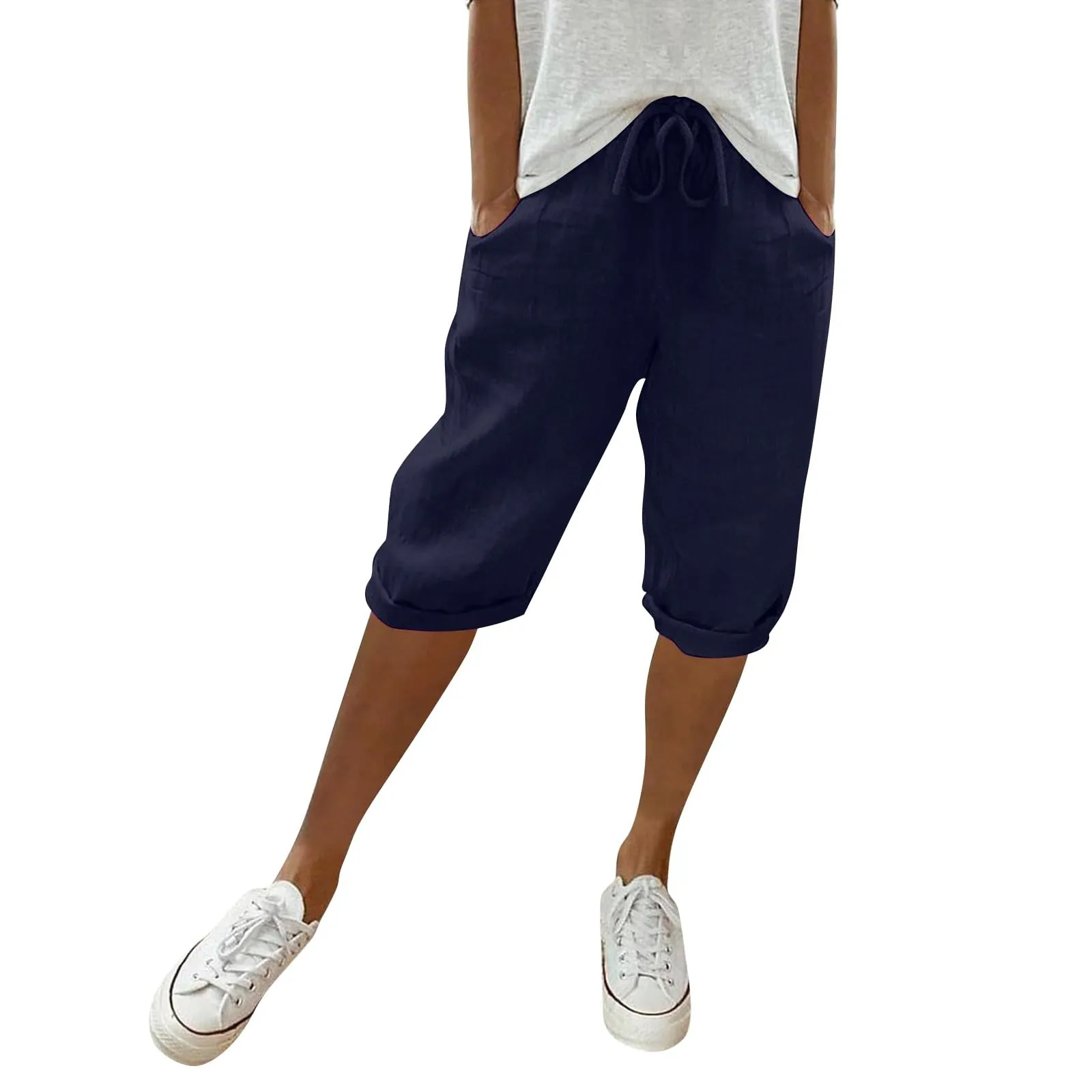 Bermuda da donna al ginocchio con tasche, gamba dritta, in cotone e lino, con elastico in vita, casual, tinta unita, lunghi, estivi, da lavoro, pantaloni da salotto, Marina Militare, S - immagine 2