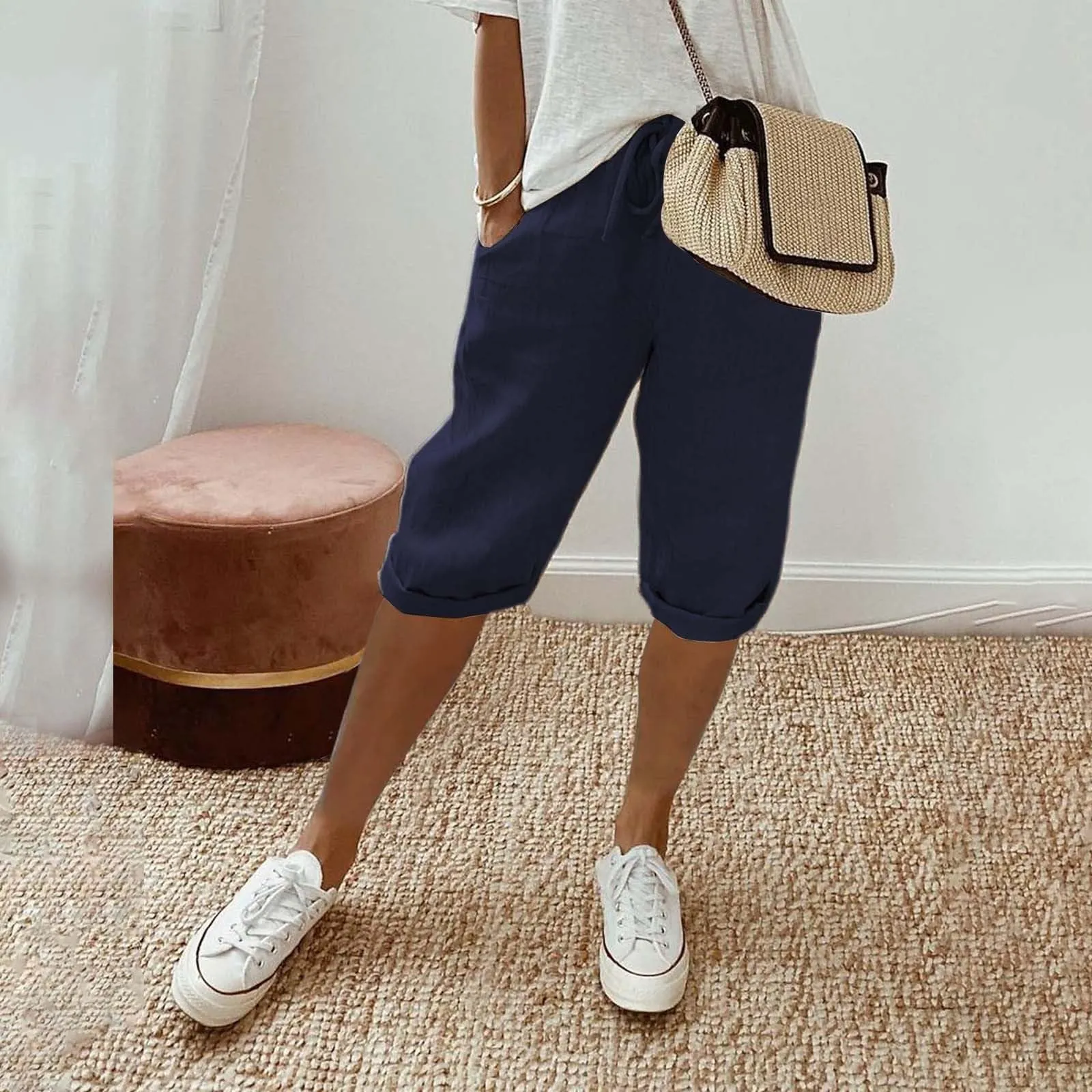 Bermuda da donna al ginocchio con tasche, gamba dritta, in cotone e lino, con elastico in vita, casual, tinta unita, lunghi, estivi, da lavoro, pantaloni da salotto, Marina Militare, 3XL - immagine 4