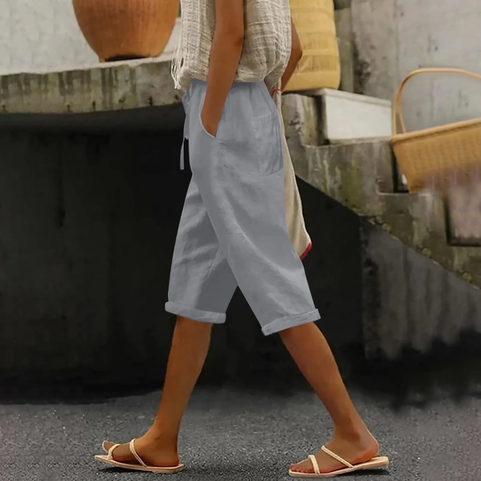 Bermuda da donna al ginocchio con tasche, gamba dritta, in cotone e lino, con elastico in vita, casual, tinta unita, lunghi, estivi, da lavoro, pantaloni da salotto, Grigio, L - immagine 3