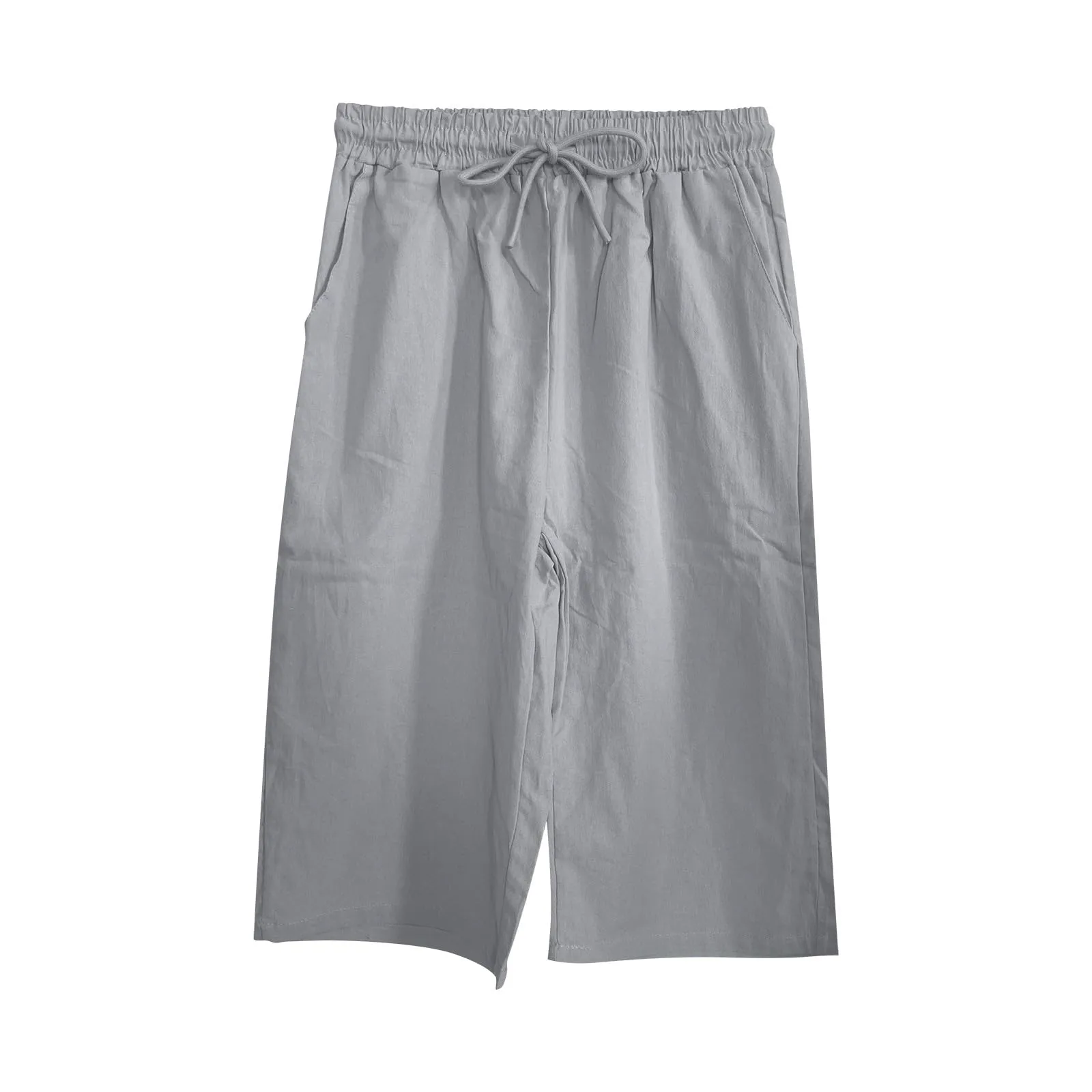 Bermuda da donna al ginocchio con tasche, gamba dritta, in cotone e lino, con elastico in vita, casual, tinta unita, lunghi, estivi, da lavoro, pantaloni da salotto, Grigio, L - immagine 6