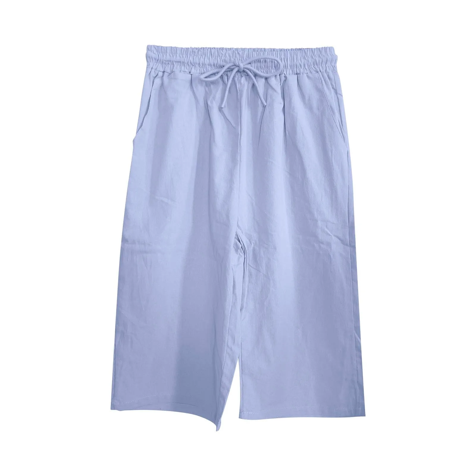 Bermuda da donna al ginocchio con tasche, gamba dritta, in cotone e lino, con elastico in vita, casual, tinta unita, lunghi, estivi, da lavoro, pantaloni da salotto, Blu, 3XL - immagine 6