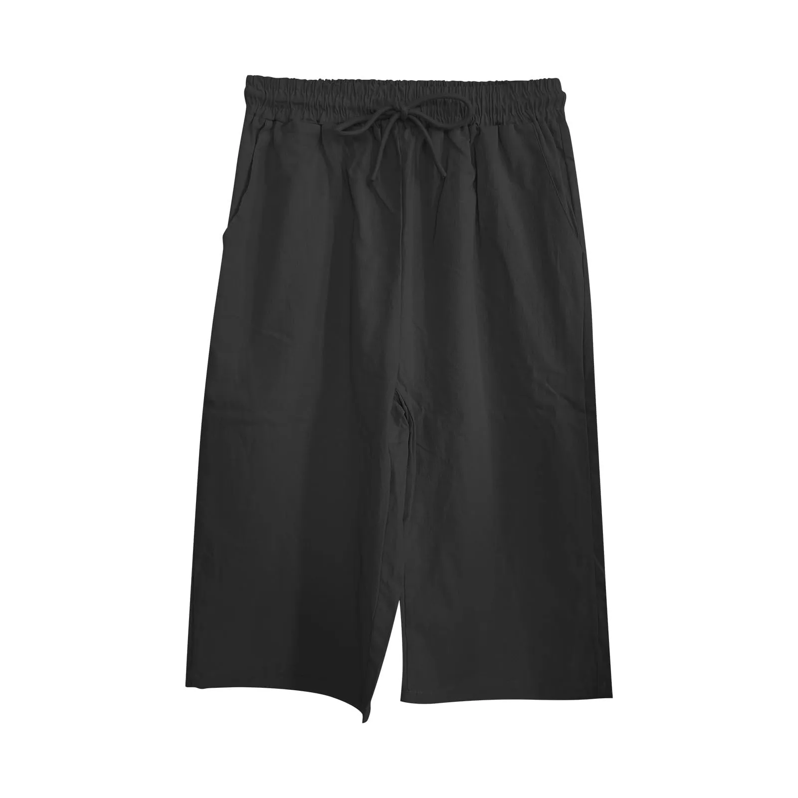 Bermuda da donna al ginocchio con tasche, gamba dritta, in cotone e lino, con elastico in vita, casual, tinta unita, lunghi, estivi, da lavoro, pantaloni da salotto, Nero , S - immagine 6