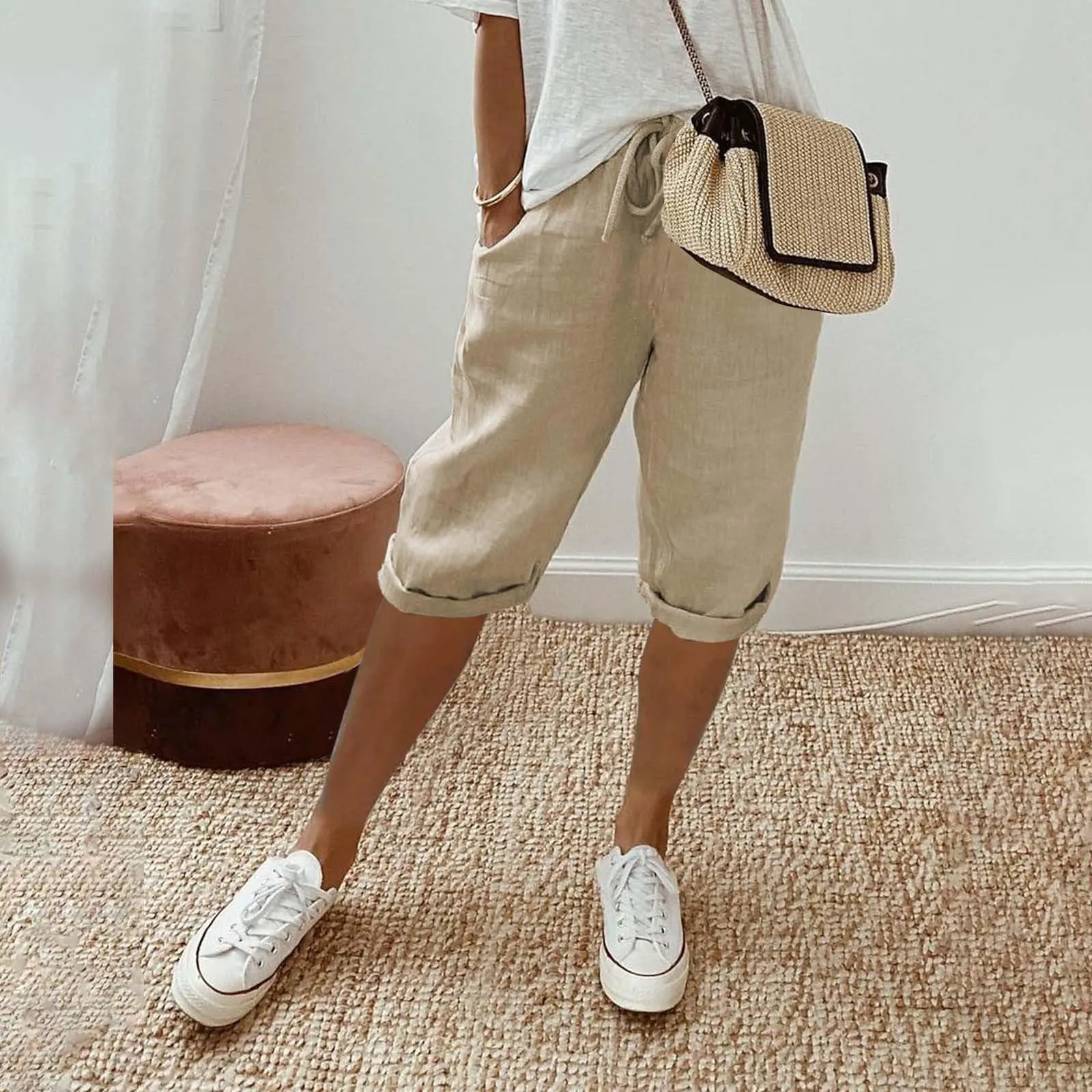 Bermuda da donna al ginocchio con tasche, gamba dritta, in cotone e lino, con elastico in vita, casual, tinta unita, lunghi, estivi, da lavoro, pantaloni da salotto, cachi, L - immagine 4