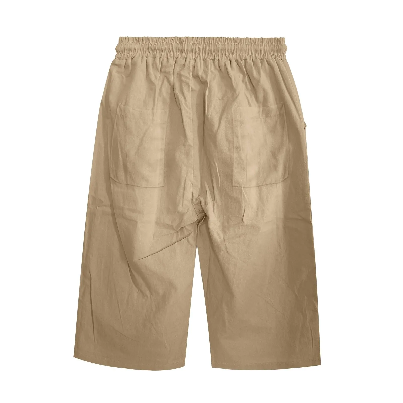 Bermuda da donna al ginocchio con tasche, gamba dritta, in cotone e lino, con elastico in vita, casual, tinta unita, lunghi, estivi, da lavoro, pantaloni da salotto, cachi, L - immagine 7