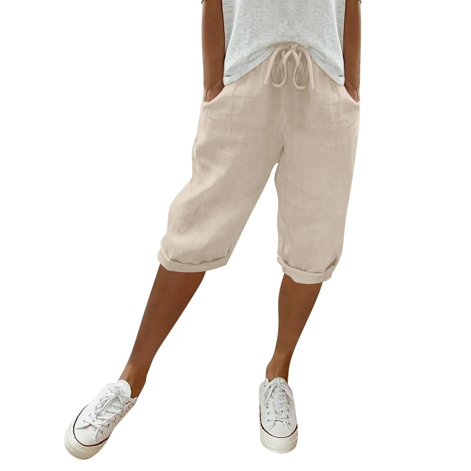 Bermuda da donna al ginocchio con tasche, gamba dritta, in cotone e lino, con elastico in vita, casual, tinta unita, lunghi, estivi, da lavoro, pantaloni da salotto, Beige, M - immagine 2