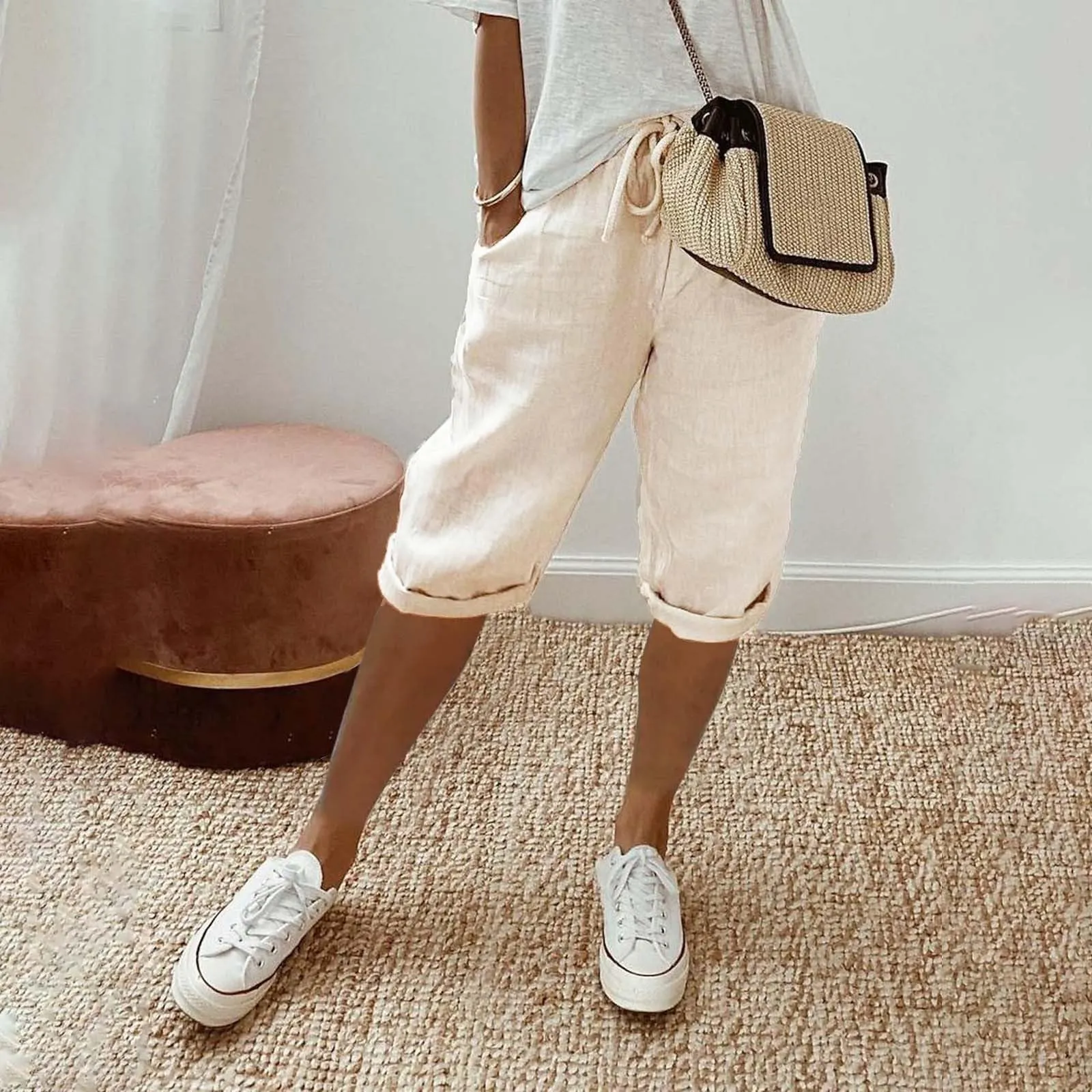 Bermuda da donna al ginocchio con tasche, gamba dritta, in cotone e lino, con elastico in vita, casual, tinta unita, lunghi, estivi, da lavoro, pantaloni da salotto, Beige, M - immagine 4
