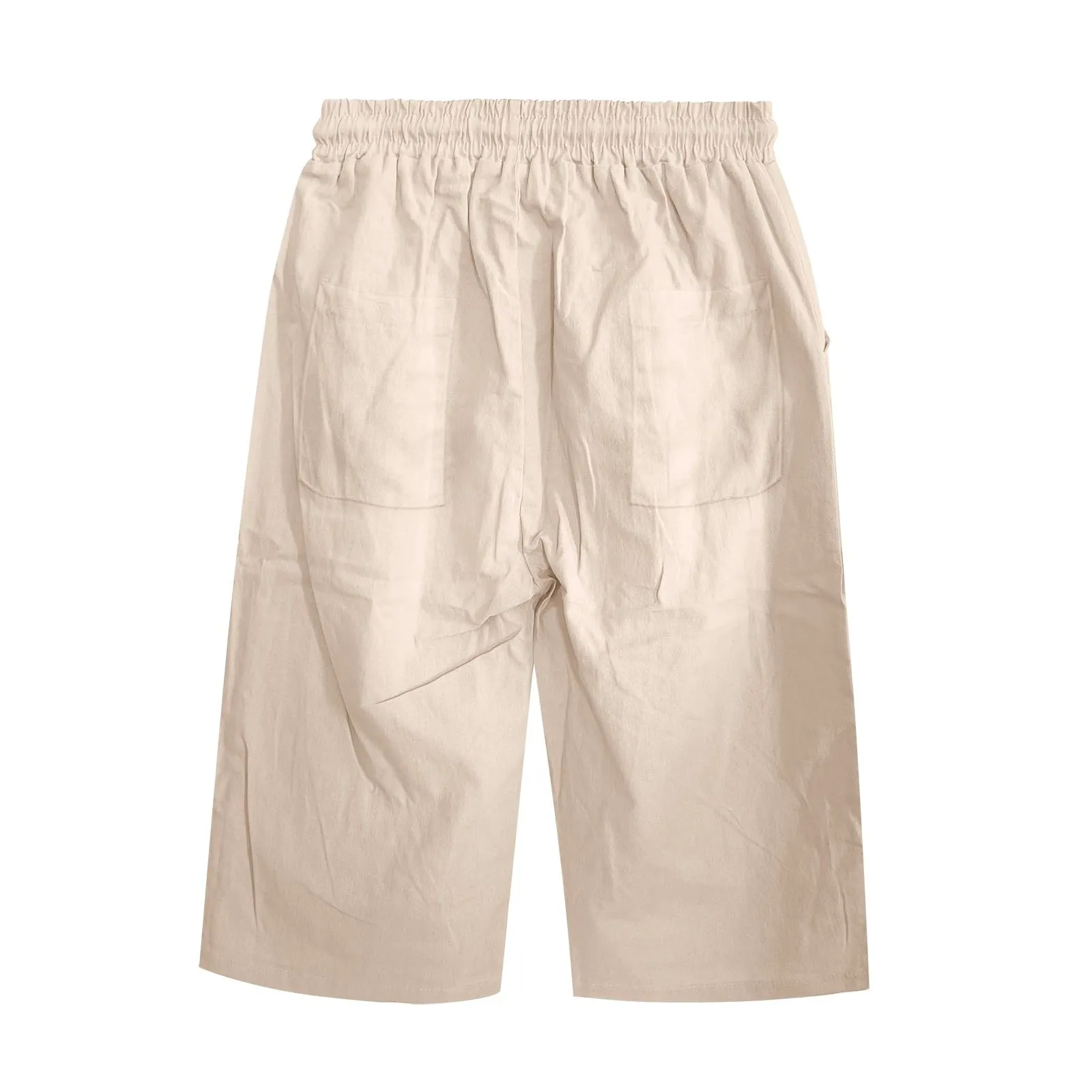 Bermuda da donna al ginocchio con tasche, gamba dritta, in cotone e lino, con elastico in vita, casual, tinta unita, lunghi, estivi, da lavoro, pantaloni da salotto, Beige, M - immagine 7