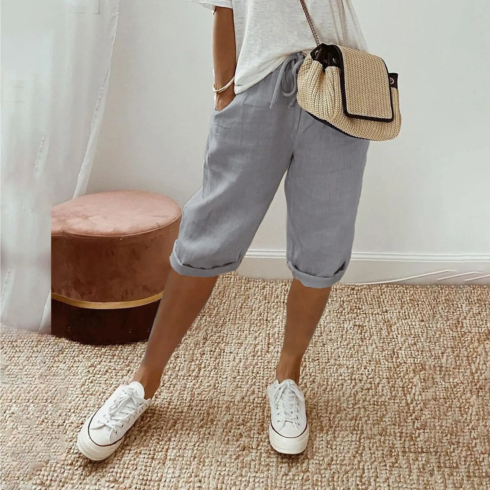 Bermuda da donna al ginocchio con tasche, gamba dritta, in cotone e lino, con elastico in vita, casual, tinta unita, lunghi, estivi, da lavoro, pantaloni da salotto, Grigio, 3XL - immagine 4